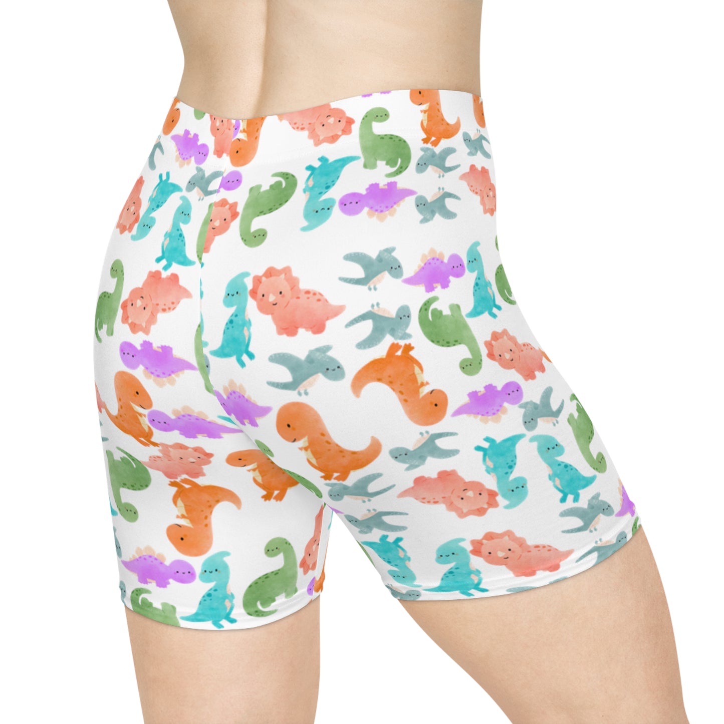 Colorful Dinosaur Womens Biker Shorts AOP Perfect for Casual Wear workout Summer Birthdays Playdates Unique Gift Rainbow Dinos White