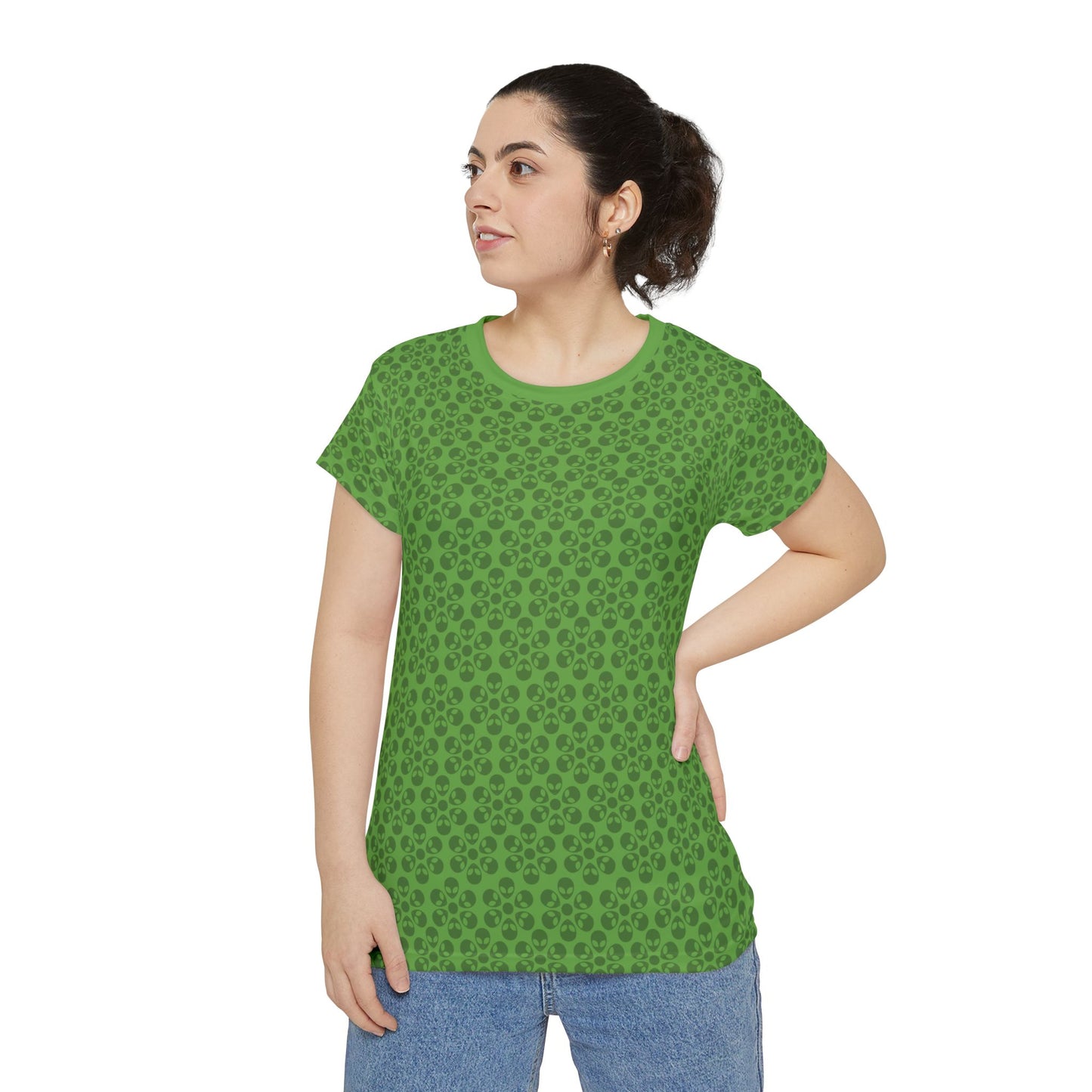 Womens Short Sleeve Shirt Alien Flowers Green