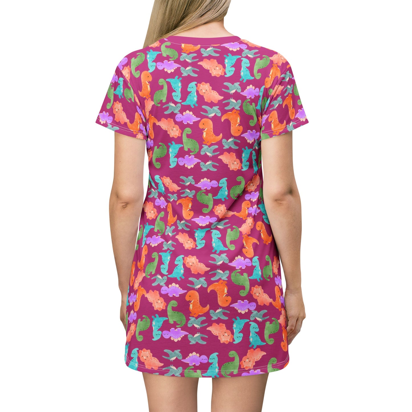 Colorful Dino TShirt Dress Beachwear Summer Dress Casual Outfit Gift for Her Sea Life Fashion Rainbow Dinos Pink