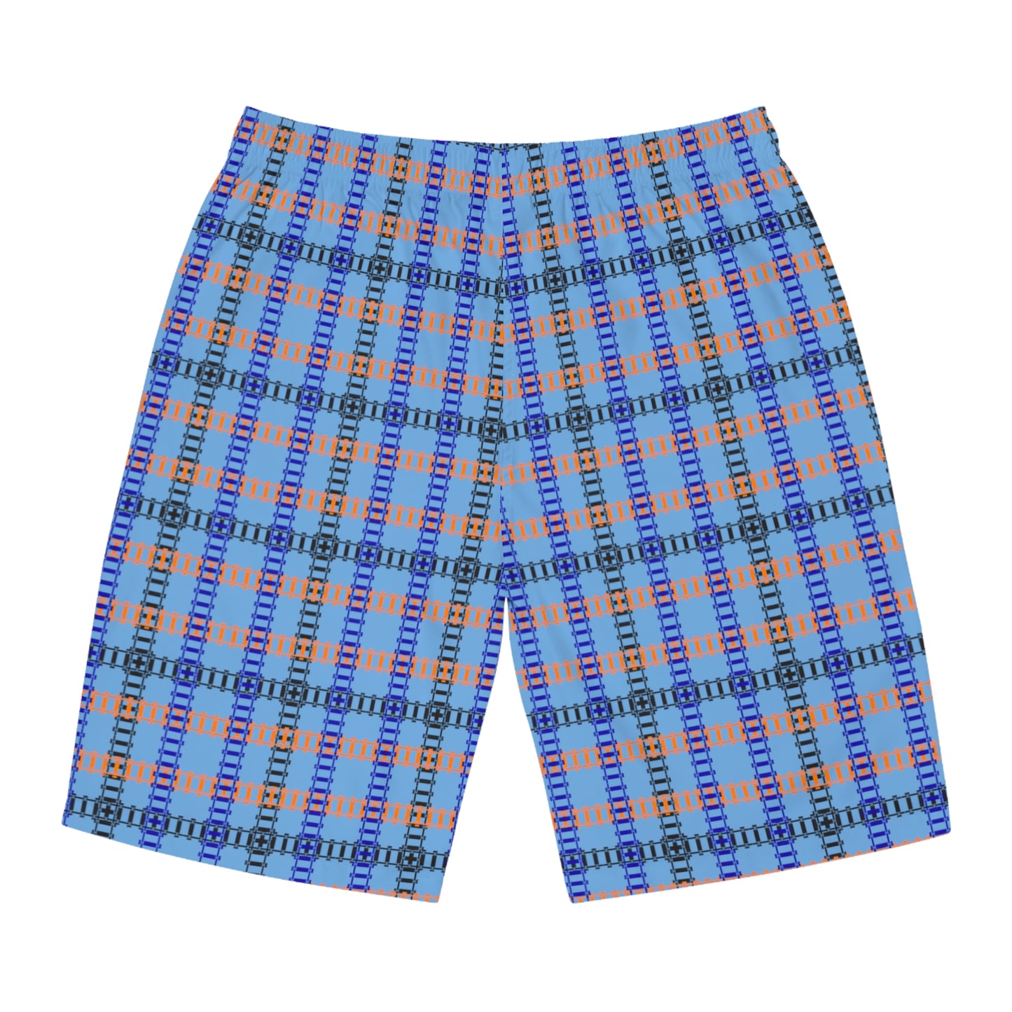 Vibrant Mens Board Shorts Perfect for Summer Beach Days and Pool Parties | Stylish Swimwear Train Tracks Light Blue