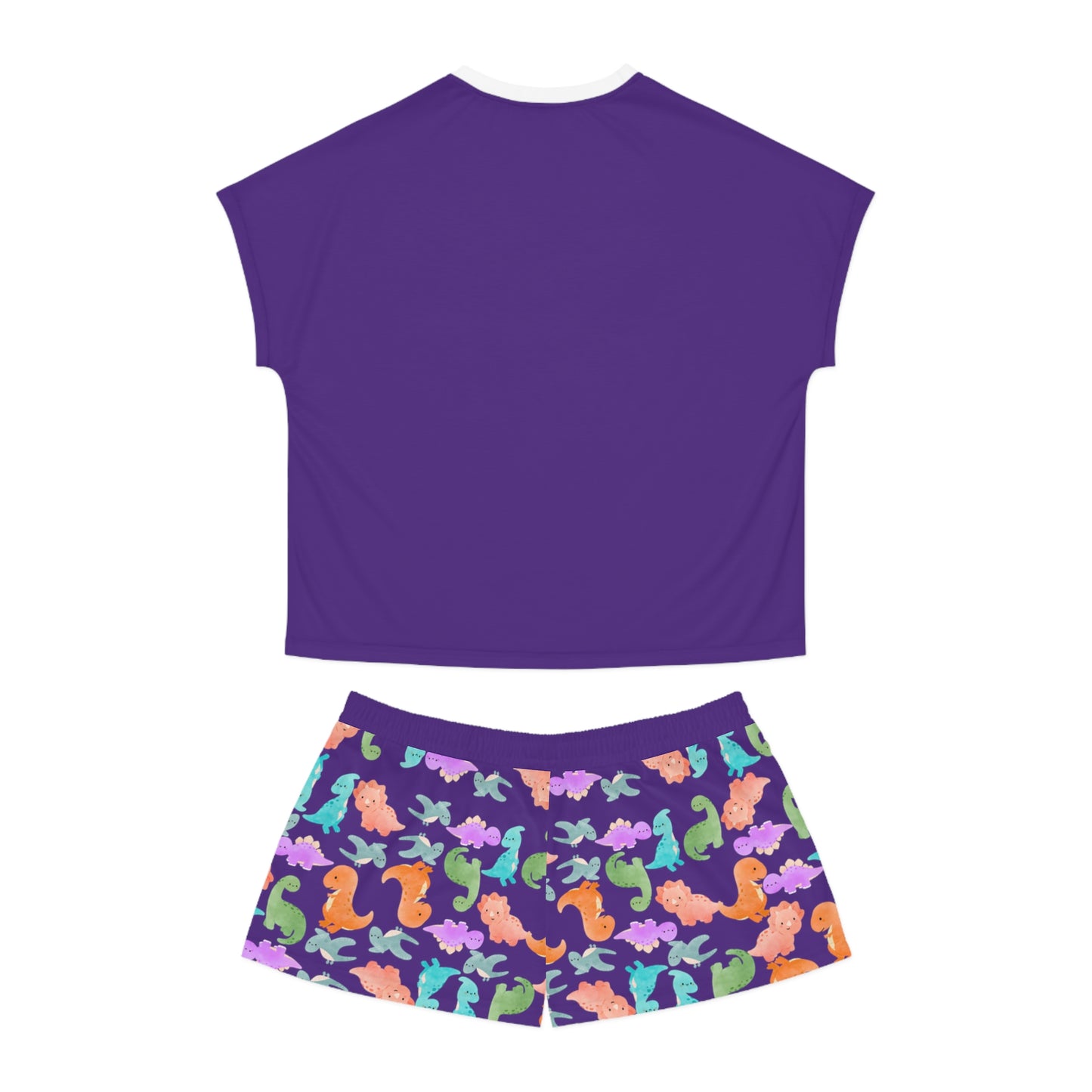 Womens Dinosaur Print Pajama Set Cozy Sleepwear Perfect for Relaxation Gift for Her Cute Loungewear Summer Nights Dinosaur Lovers Rainbow Dinos Purple