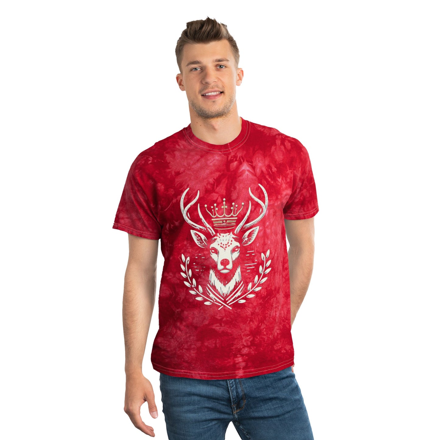 Blue Tie-Dye T-Shirt with Majestic Deer Design - Oh Deer Lord
