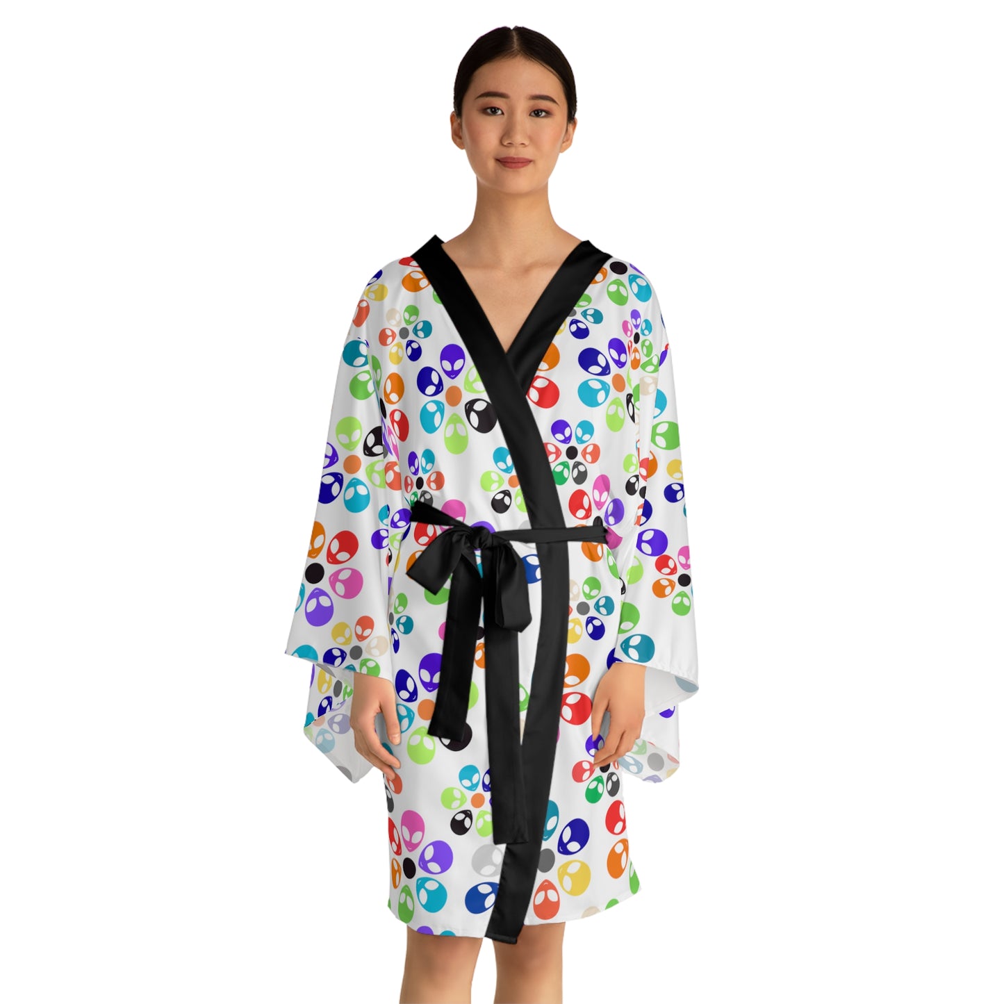 Colorful Floral Long Sleeve Kimono Robe Boho Fashion Relaxed Loungewear Perfect for Home Spa Days or Festivals Alien Rainbow Flowers Pink