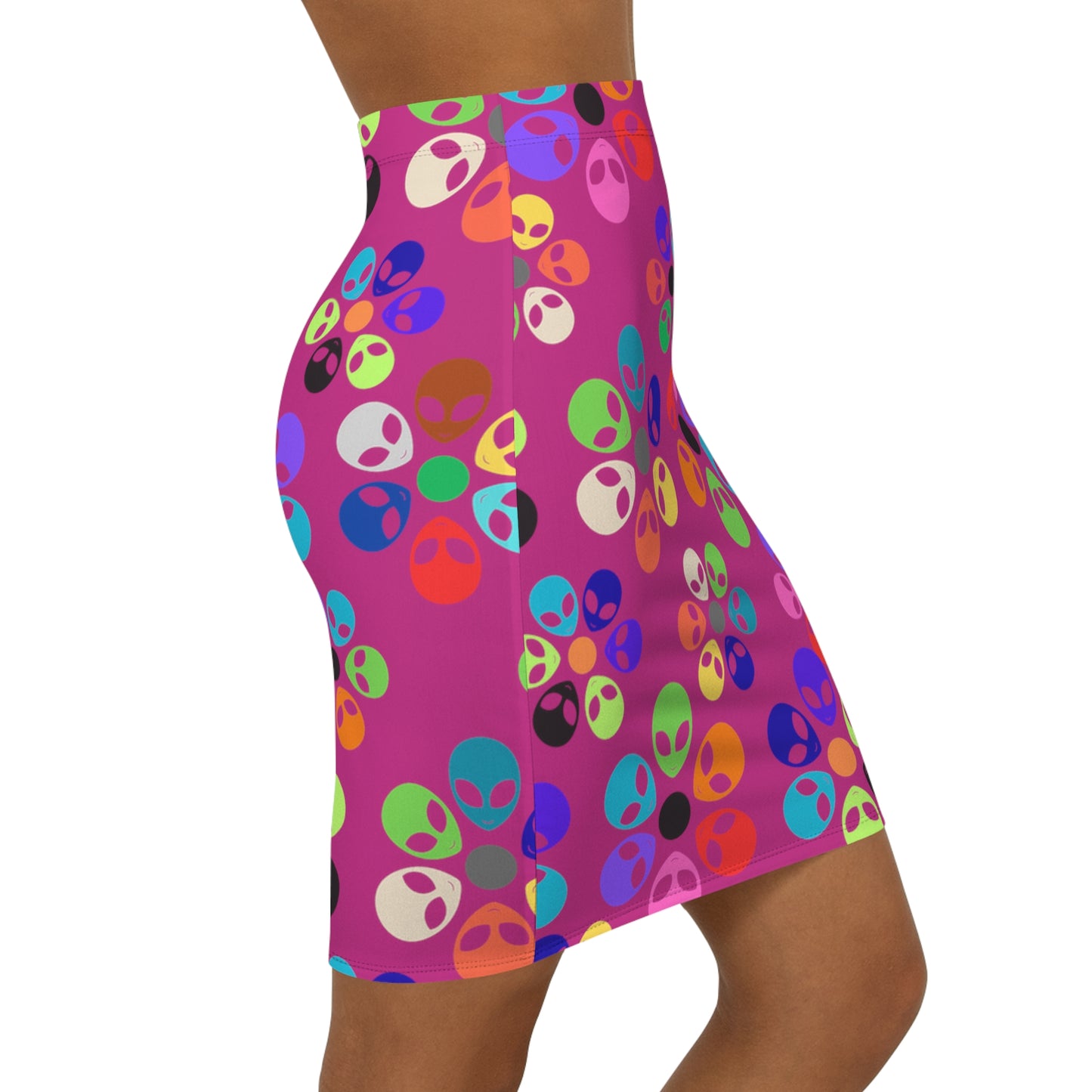 Colorful Alien Print Pencil Skirt Fun Trendy Skirt for Parties Women’s Everyday Wear Quirky Fashion Unique Gift Idea Alien Rainbow Flowers Pink