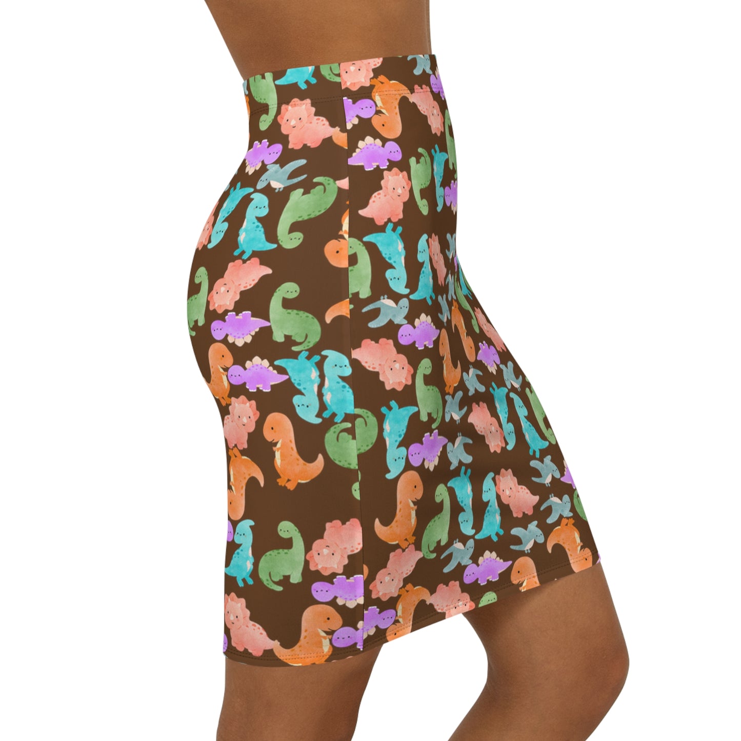 Dinosaur Print MidWaist Pencil Skirt for Fun and Playful Style Womens Skirt Cute Skirt Fashionable Skirt Casual Skirt Gift Idea Rainbow Dinos Brown
