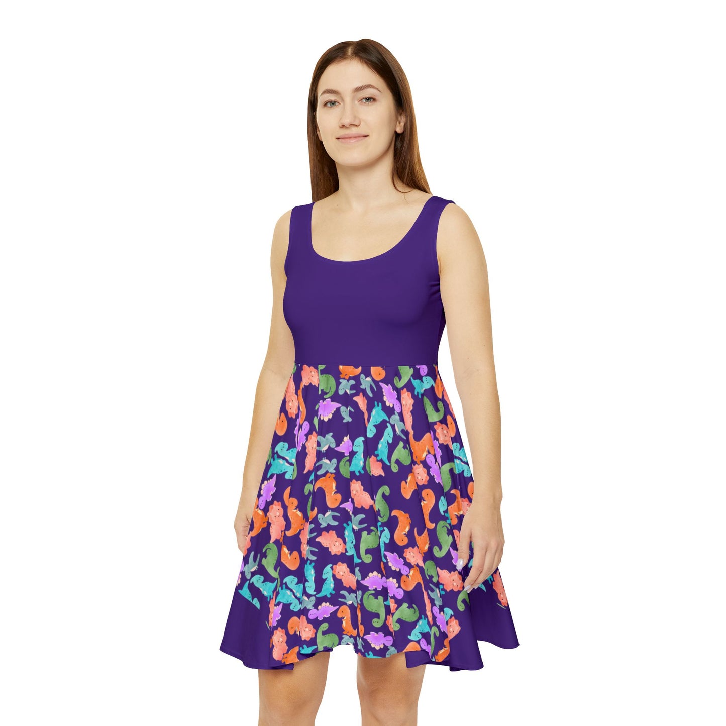Colorful Dino Womens Skater Dress Summer Outfit Party Dress Casual Dress Boho Dress Festival Wear Rainbow Dinos Purple