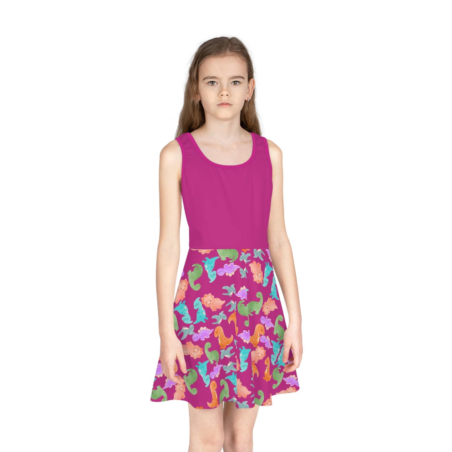 Colorful Dino Print Girls Sleeveless Sundress Summer Dress Beachwear Birthday Gift Toddler Outfit Playful Sundress Rainbow Dinos Pink