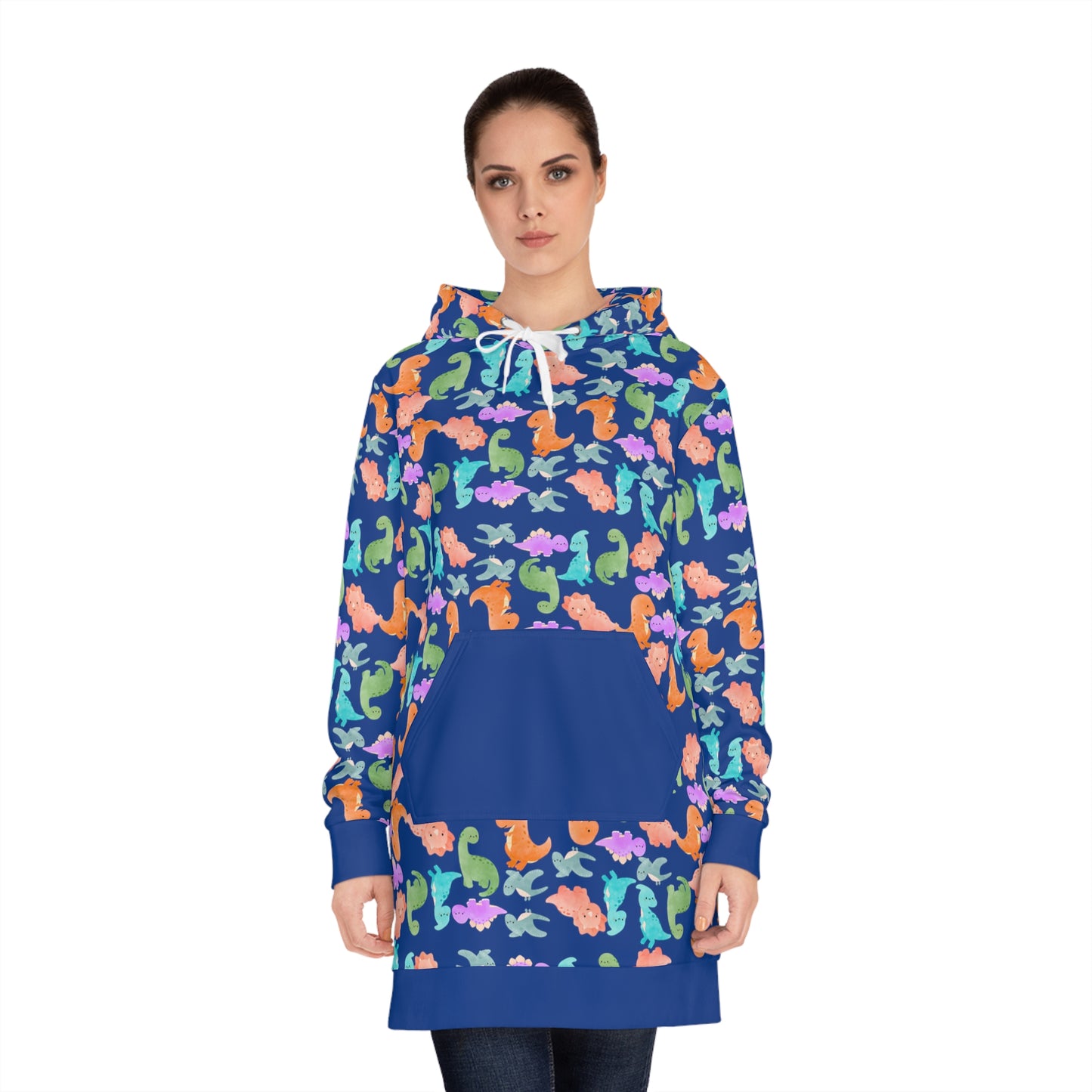 Womens Hoodie Dress Rainbow Dinos Dark Blue