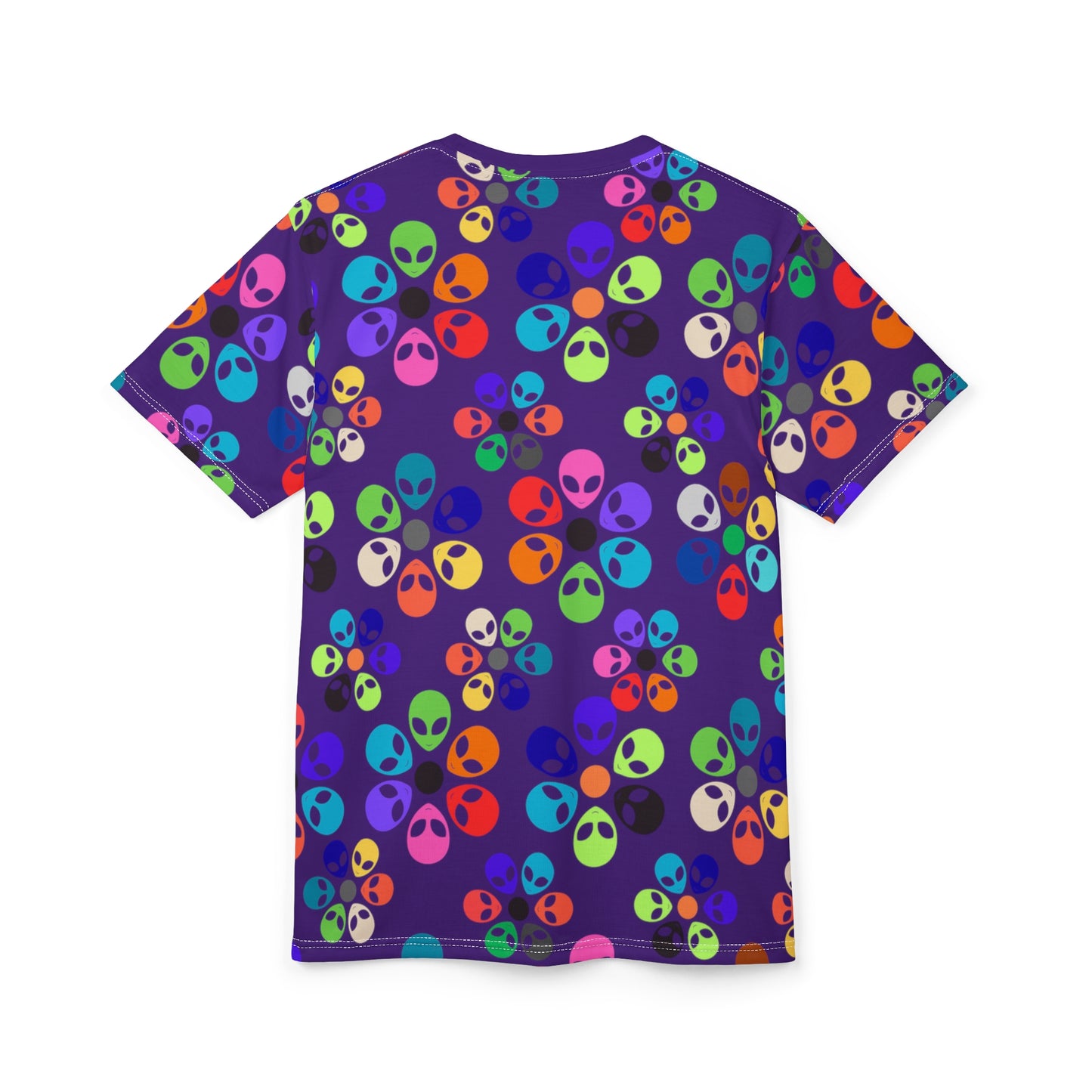 Colorful Alien Print Unisex TShirt Fun Graphic Tee Quirky Fashion Wear Gift for SciFi Lovers Trendy Casual Style Summer Apparel Alien Rainbow Flowers Purple