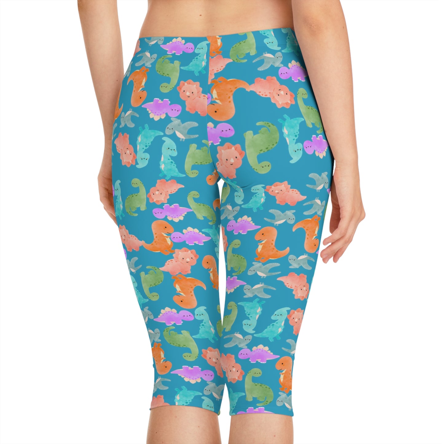 Playful Dino Print Womens Capri Leggings Cute Stretchy Pants for Yoga Casual Outfits Loungewear Gift for Her Rainbow Dinos Turquoise