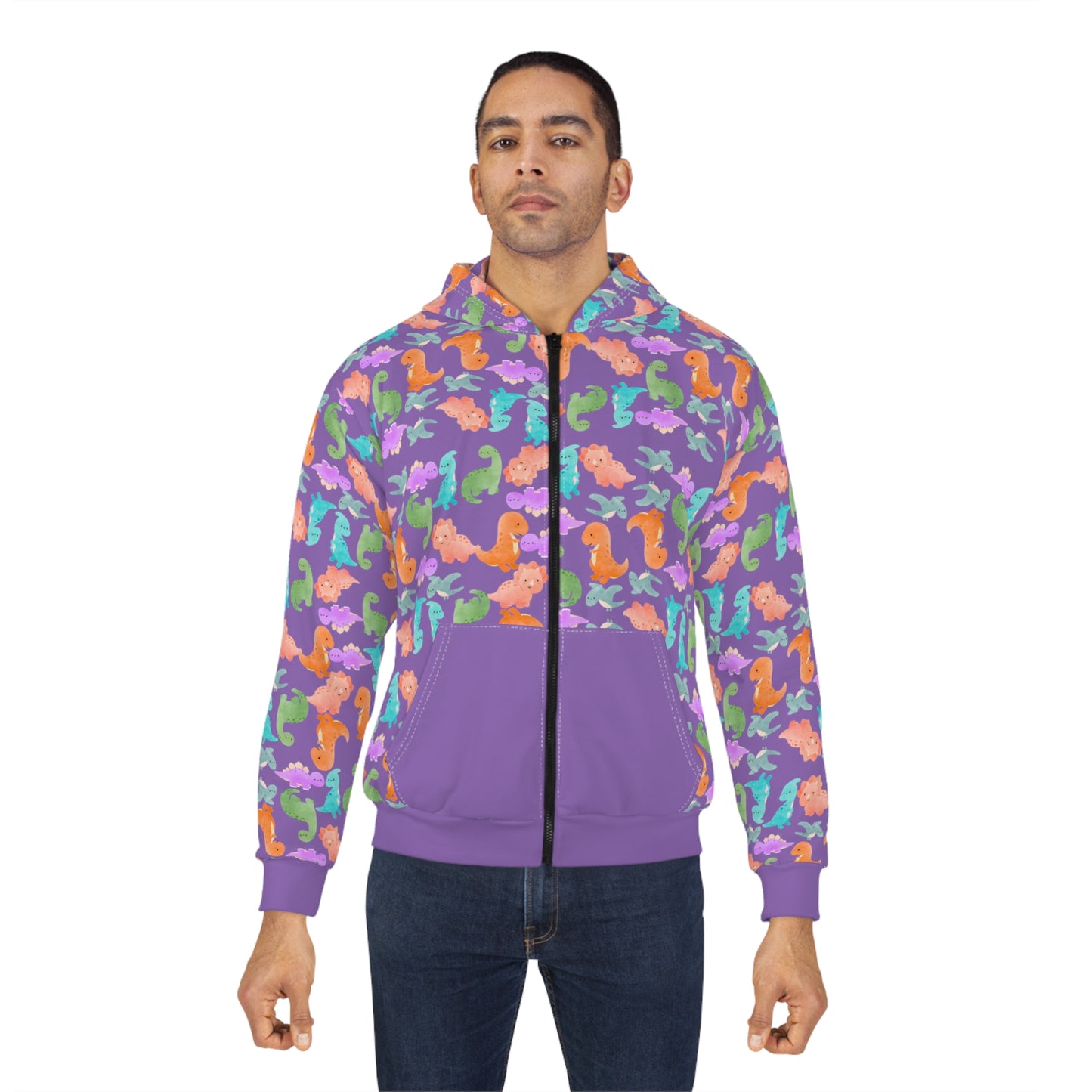 Colorful Dino Unisex Zip Hoodie OceanInspired Hooded Sweatshirt Beach Trip Hoodie Perfect Gift for Marine Life Lovers Rainbow Dinos Light Purple