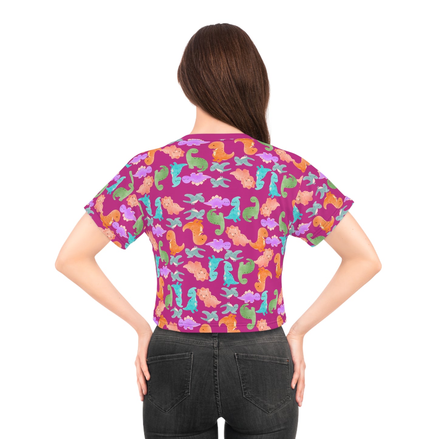 Whimsical Dinosaur Crop Tee for Kids Cheerful Summer Top Fun Gift for Dinosaur Lovers Playful TShirt for Birthdays Trendy Casual Wear Rainbow Dinos Pink