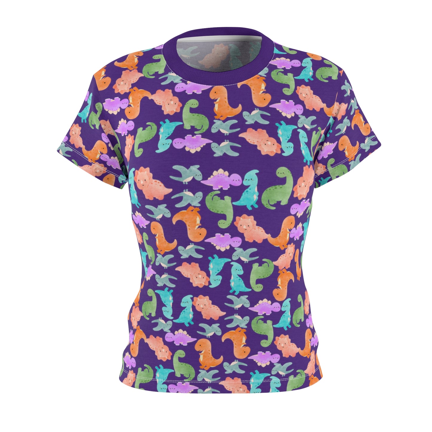 Colorful Dino Womens Tee Cute Summer Top Vibrant Casual Shirt Sea Animal Print Tee Gifts for Ocean Lovers Beachwear Rainbow Dinos Purple
