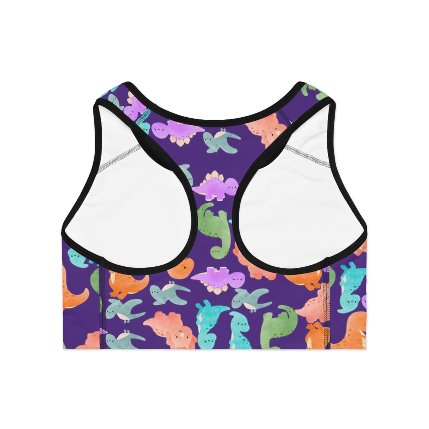 Colorful Dinosaur Print Sports Bra Cute Activewear Gym Top Fitness Wear Gifts for Her Workout Clothing Rainbow Dinos Purple