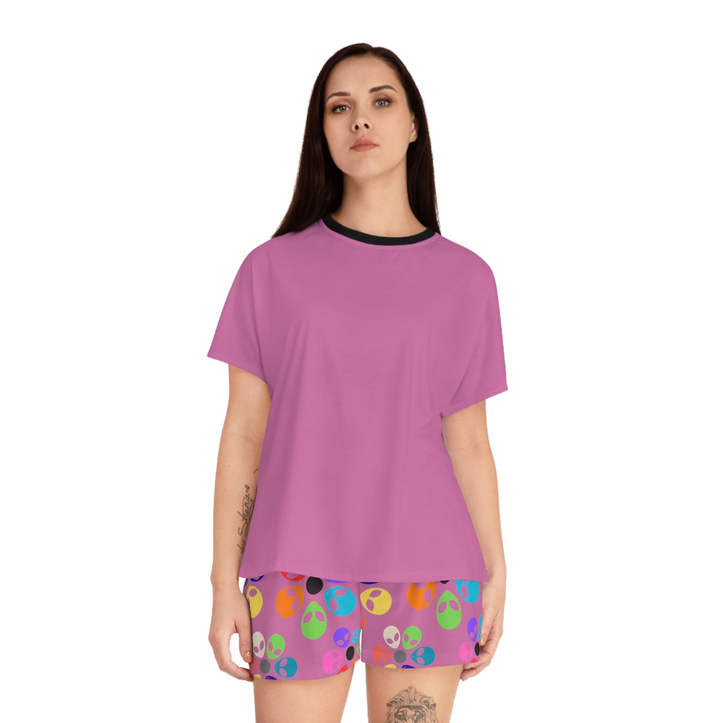 Colorful Alien Print Womens Pajama Set Fun Sleepwear for Teens Relaxing Nightwear Unique Gift for Space Lovers Cute Loungewear Alien Rainbow Flowers Light Pink