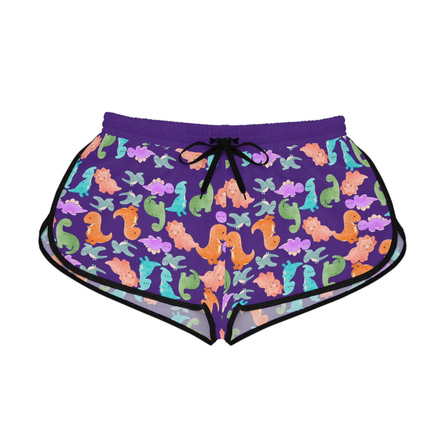 Colorful Dino Print Womens Relaxed Shorts Perfect for Summer Beachwear Loungewear Gift for Her Casual Style Rainbow Dinos Purple
