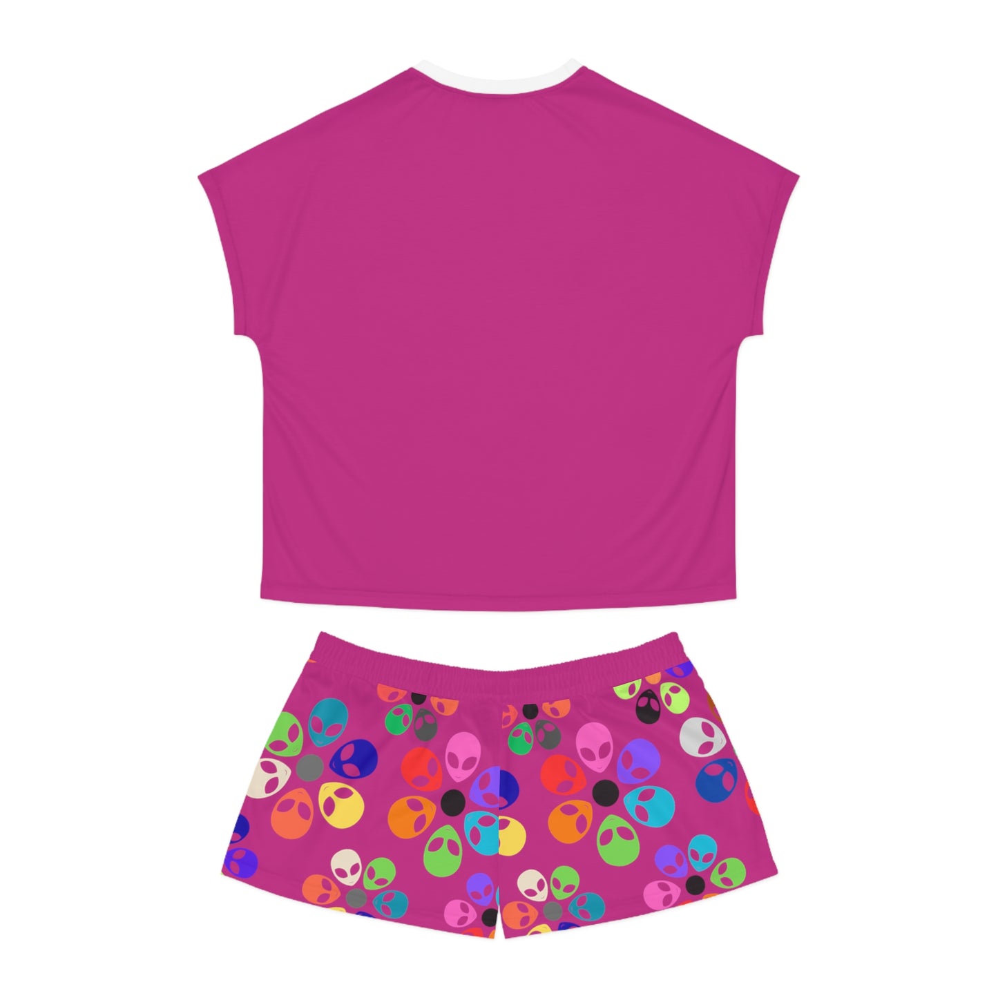 Colorful Alien Print Womens Pajama Set Fun Sleepwear for Teens Relaxing Nightwear Unique Gift for Space Lovers Cute Loungewear Alien Rainbow Flowers Pink