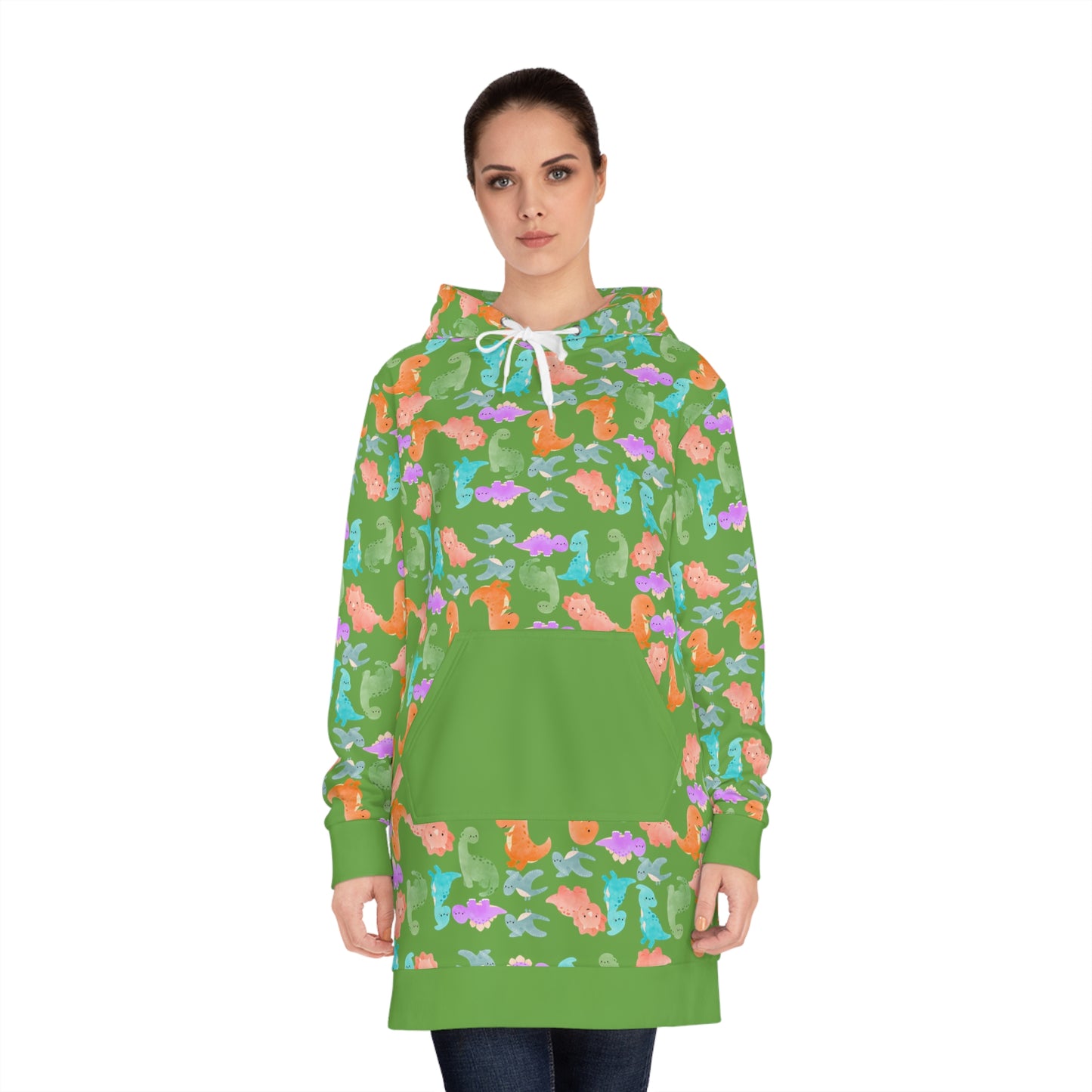 Womens Hoodie Dress Rainbow Dinos Green