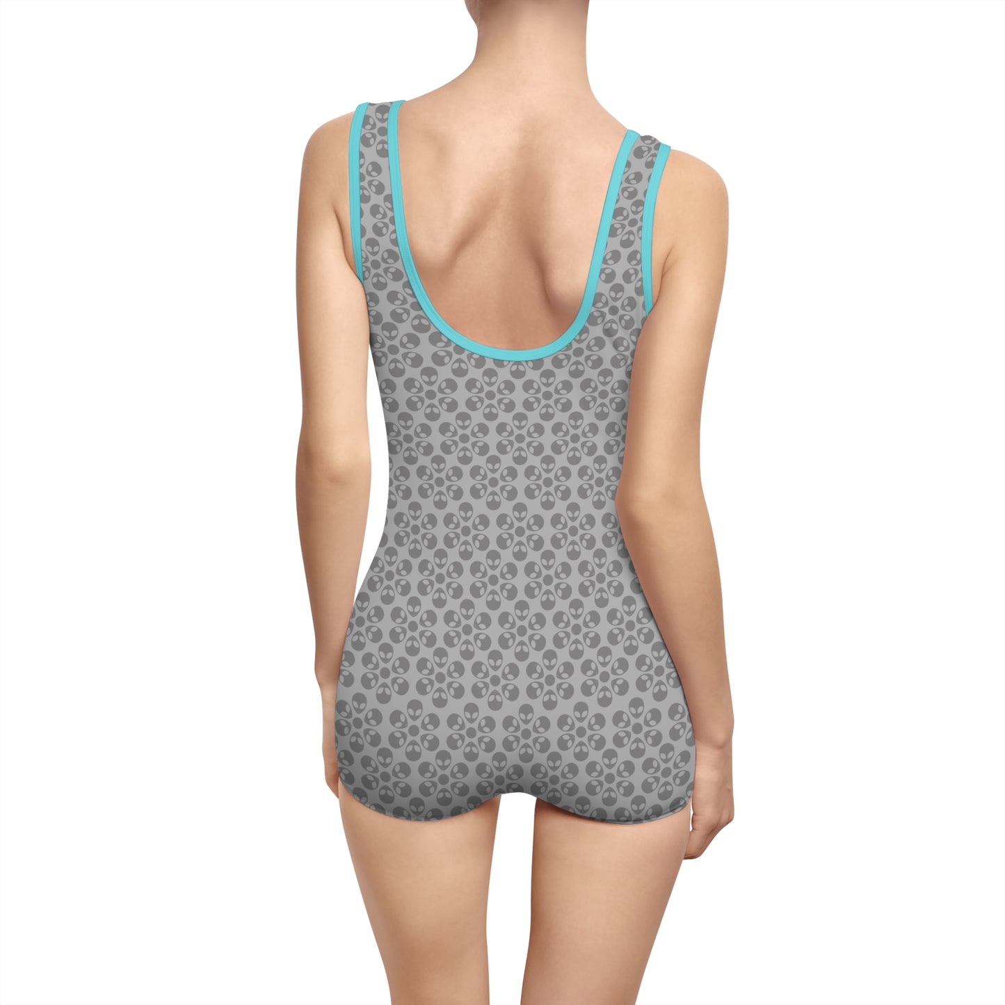 Womens Vintage Swimsuit Alien Flowers Light Grey