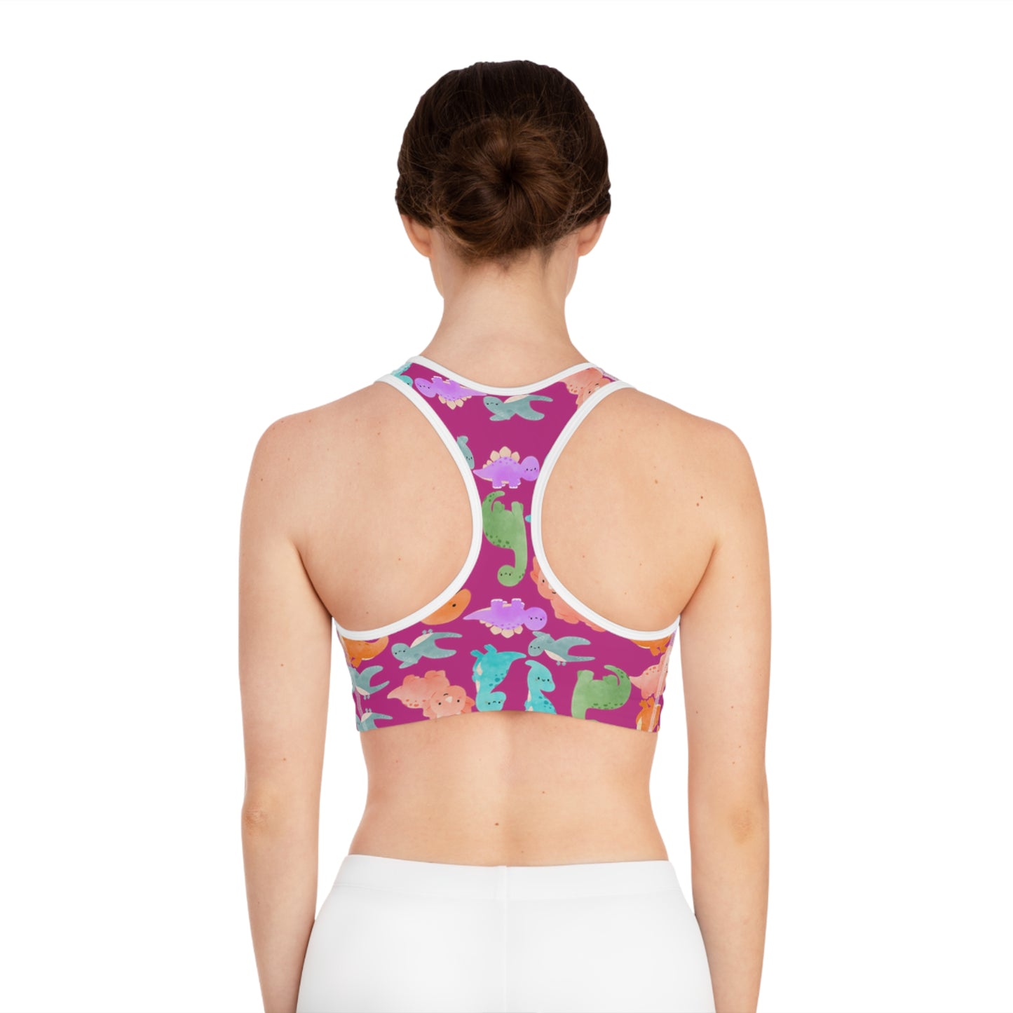 Colorful Dinosaur Print Sports Bra Cute Activewear Gym Top Fitness Wear Gifts for Her Workout Clothing Rainbow Dinos Pink