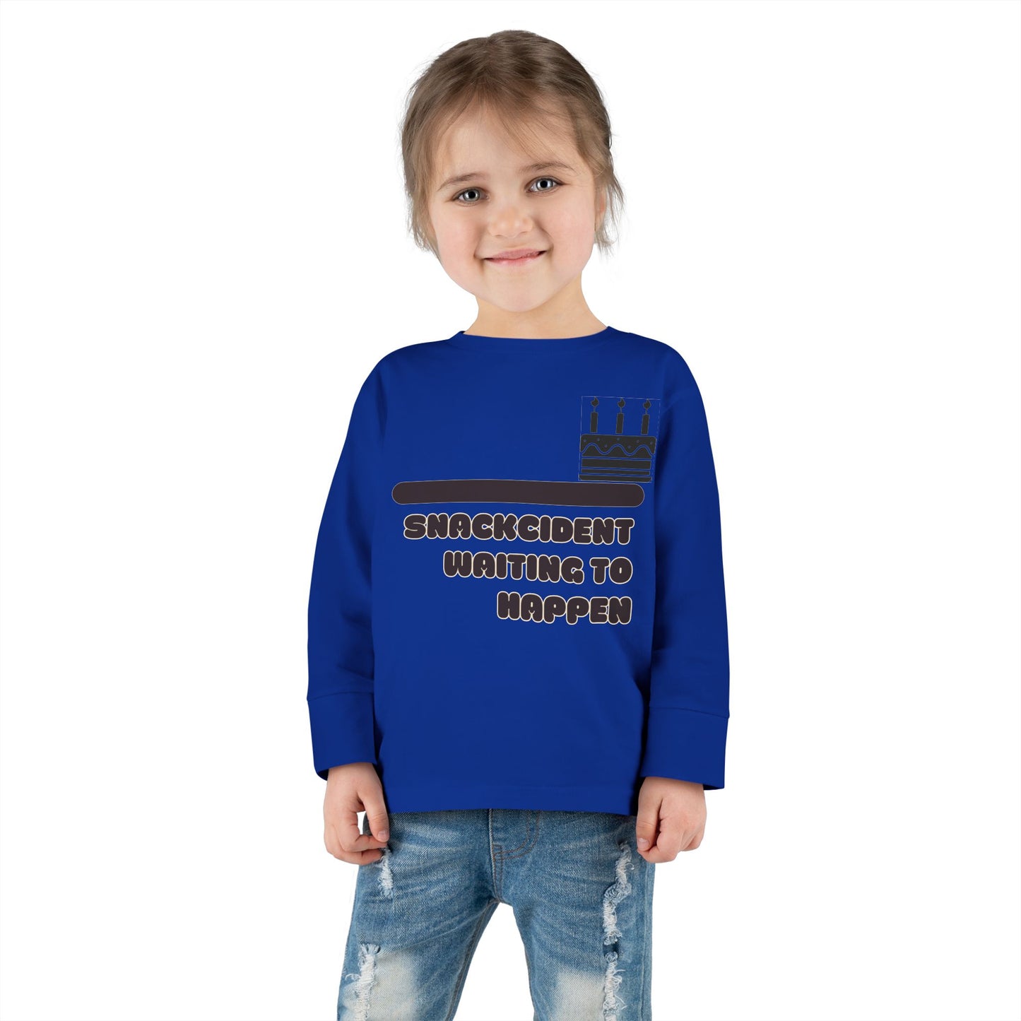 Snackcident Waiting to Happen Toddler Long Sleeve Tee | Cute Kids Shirt | Fun Gift for Birthdays, Playdates, Parties, Food Lovers
