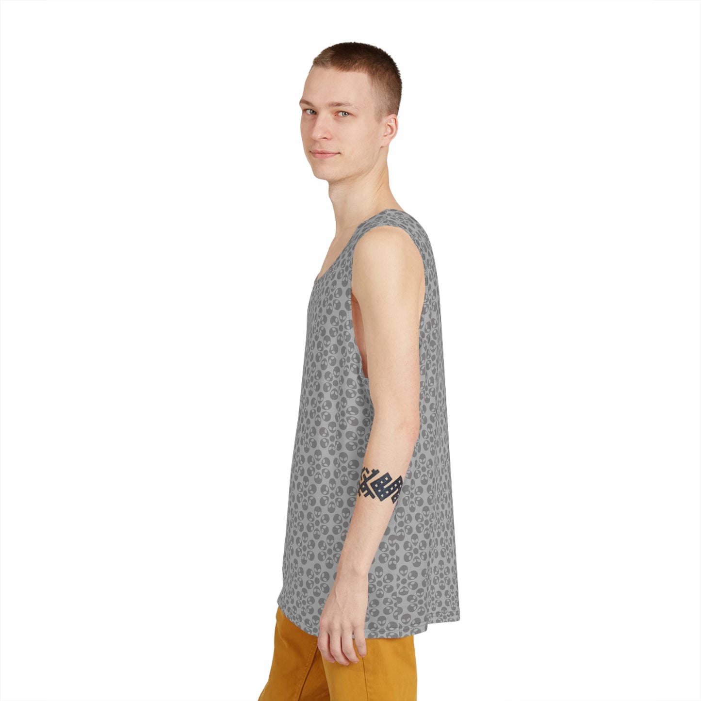 Stylish Mens Tank Top  AOP Leopard Print Summer Wear Fitness Gear Casual Apparel Trendy Vacation Outfit Alien Flowers Light Grey