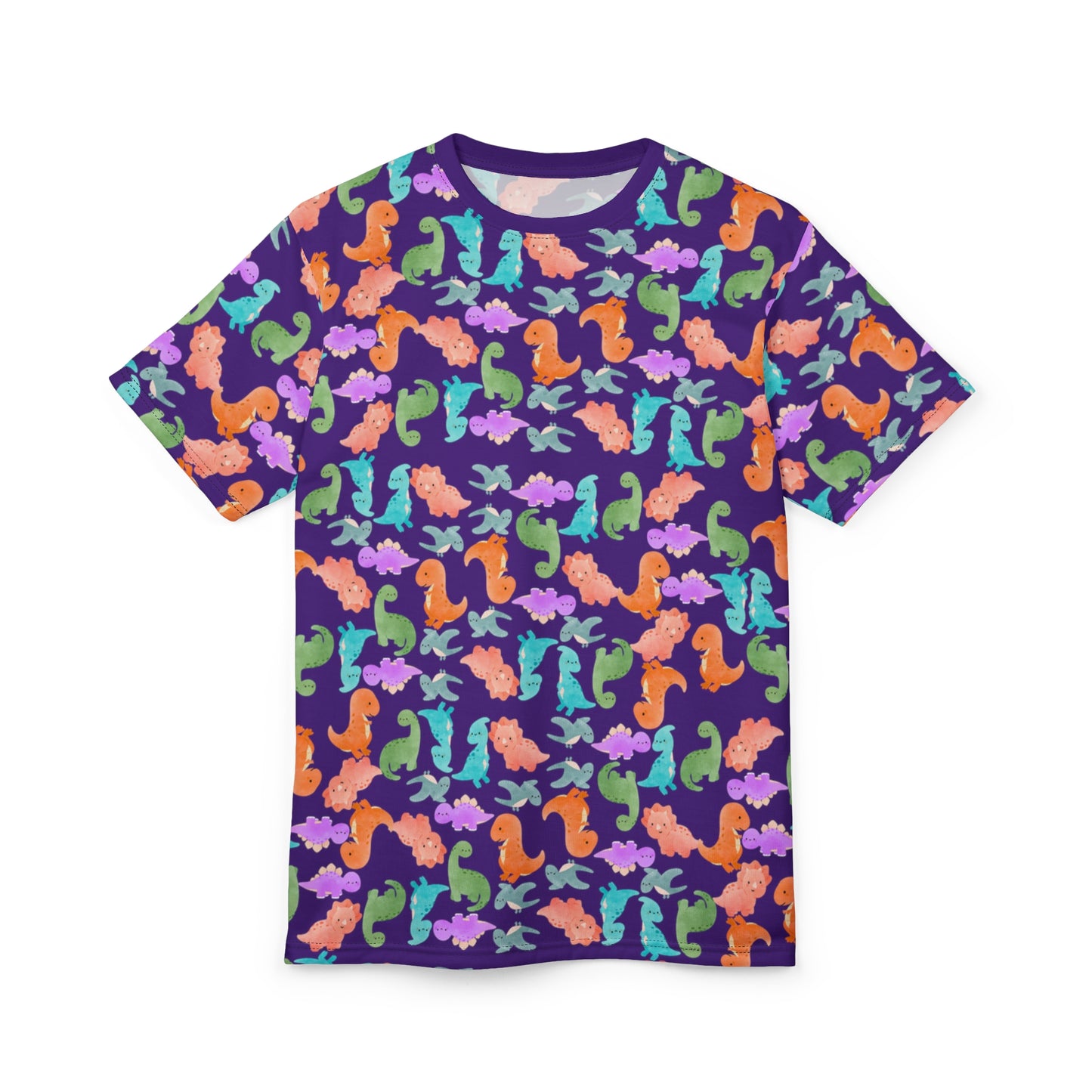 Vibrant Dino Pattern Tee for Ocean Lovers Perfect for Summer Casual Wear Gift for Beach Lovers Tropical Vibe Clothing Rainbow Dinos Purple
