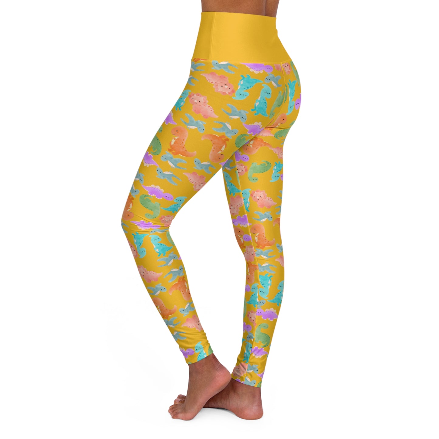 Whimsical Dinosaur Print Yoga Leggings High Waisted Fitness Leggings Party Wear Cute Workout Pants Trendy Sports Leggings Gifts for Her Rainbow Dinos Yellow