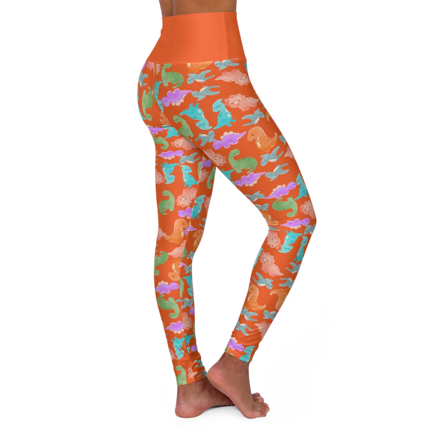 Whimsical Dinosaur Print Yoga Leggings High Waisted Fitness Leggings Party Wear Cute Workout Pants Trendy Sports Leggings Gifts for Her Rainbow Dinos Orange