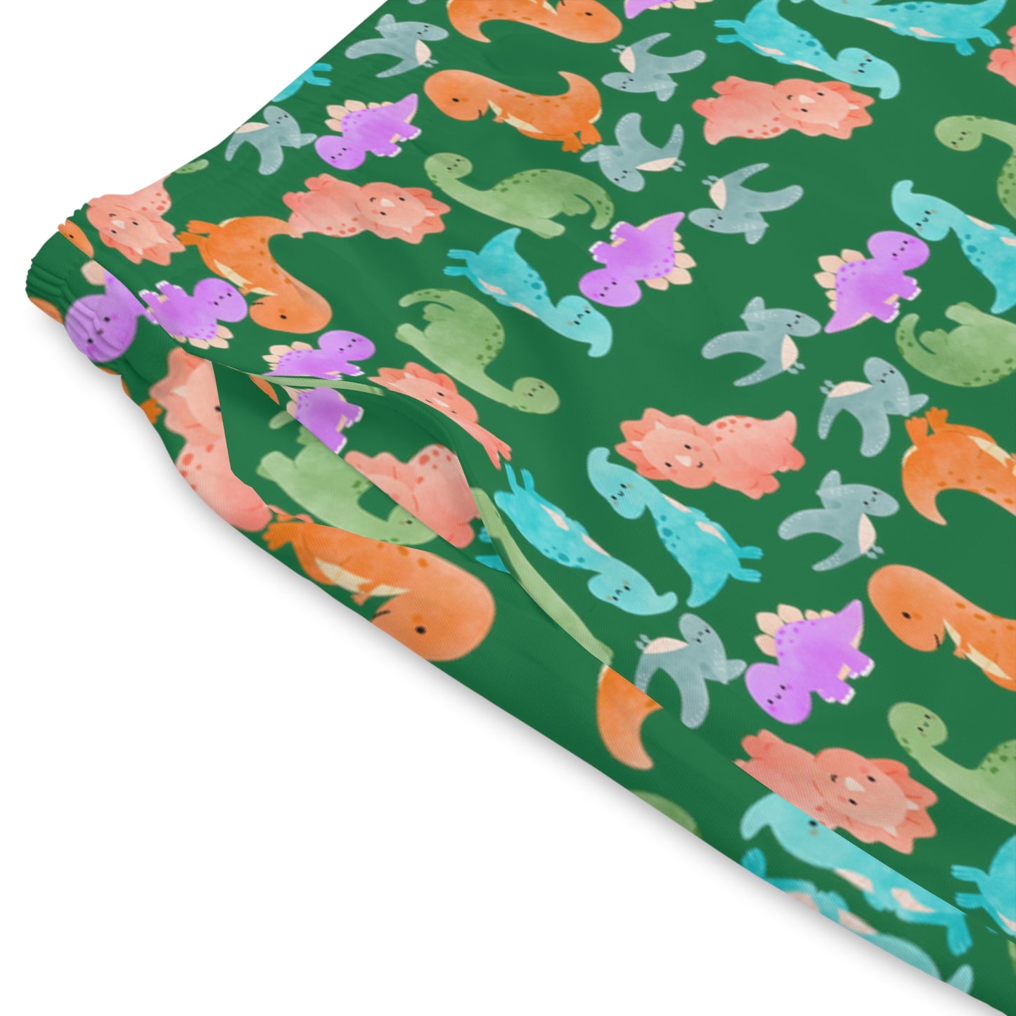 Colorful Dino Beach Shorts for Men Summertime Swimwear Vacation Essentials Pool Party Attire Trendy Summer Apparel Rainbow Dinos Dark Green