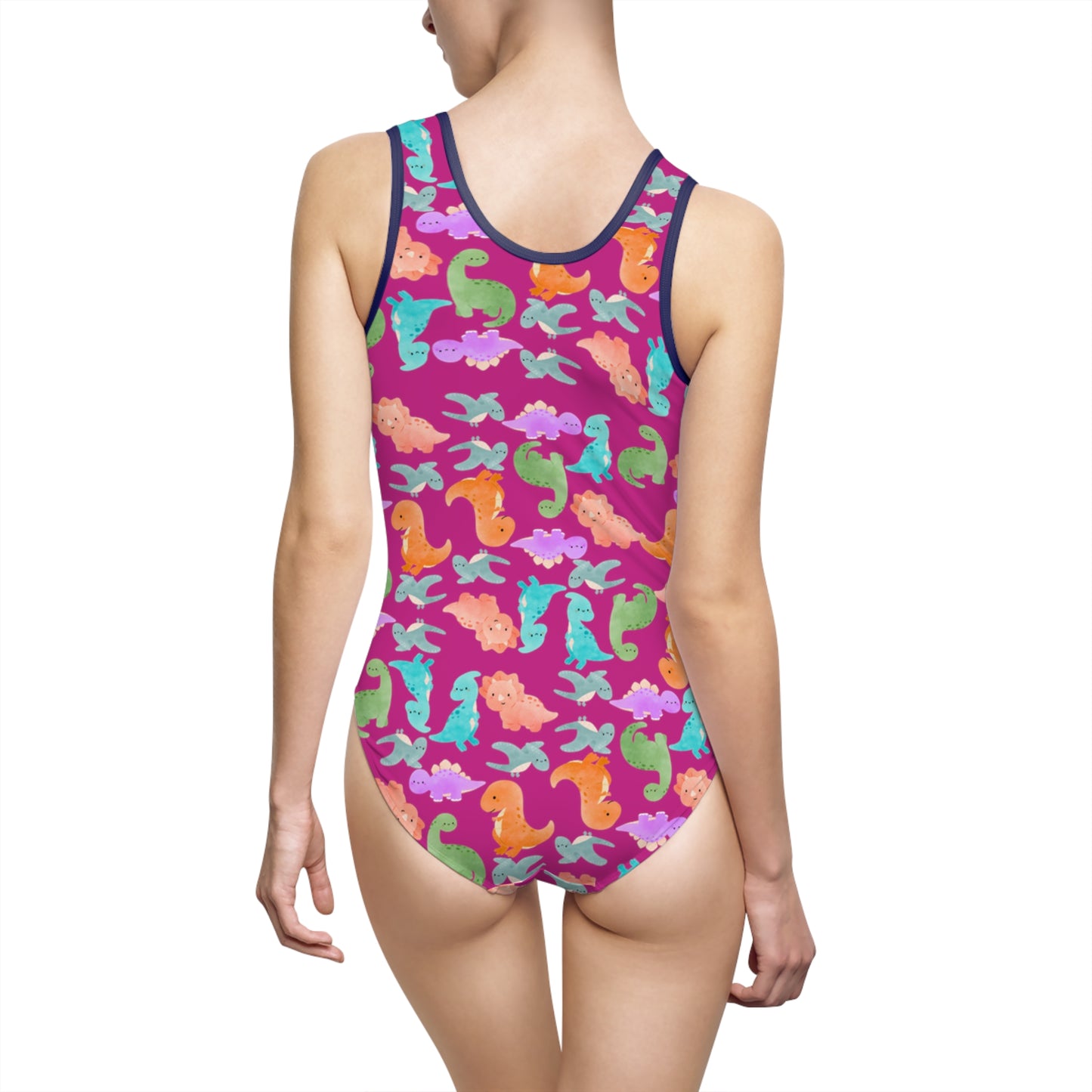 Vibrant Womens OnePiece Swimsuit Fun Summer Swimwear Beach Day Essential Pool Party Outfit Retro Style Swim Suit Rainbow Dinos Pink