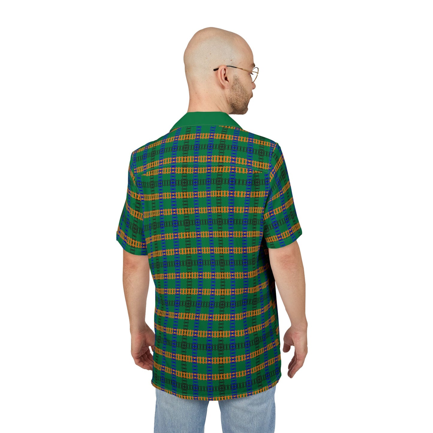 Vibrant Unisex Hawaiian Shirt Casual Summer Wear Vacation Outfit Beach Party Attire Gift for Him/Her Train Tracks Dark Green