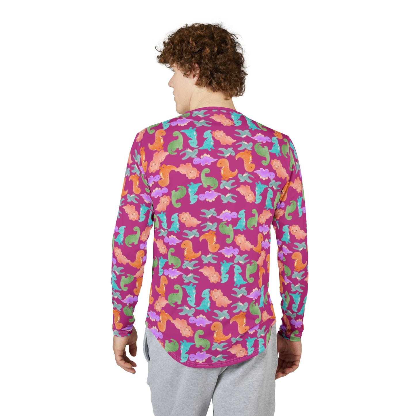 Colorful Dino UV Protection Shirt for Men | Long Sleeve Sun Shirt Outdoor Apparel Beachwear Vacation Top Summer Essentials Rainbow Dinos Pink