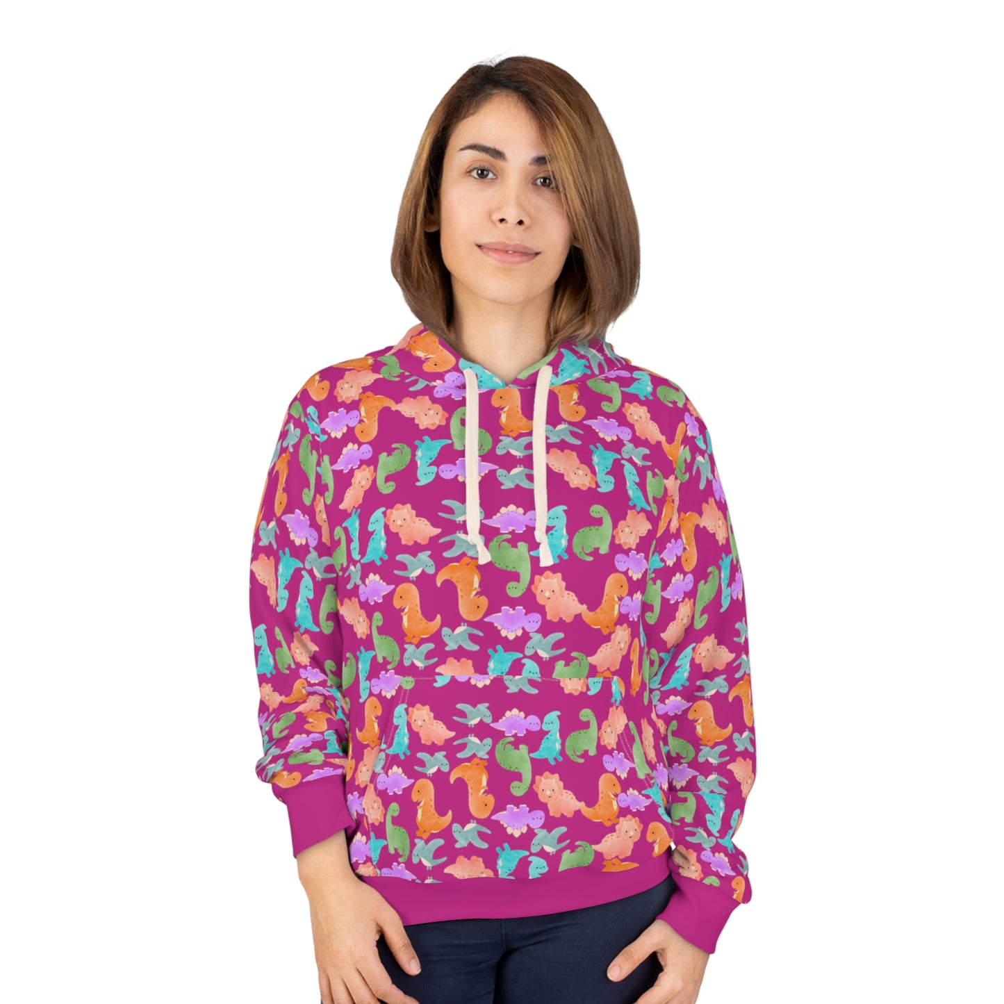 Colorful Dino Unisex Pullover Hoodie Cozy Beach Vibe Sweatshirt Gift for Ocean Lovers Fun Casual Wear Homewear Rainbow Dinos Pink