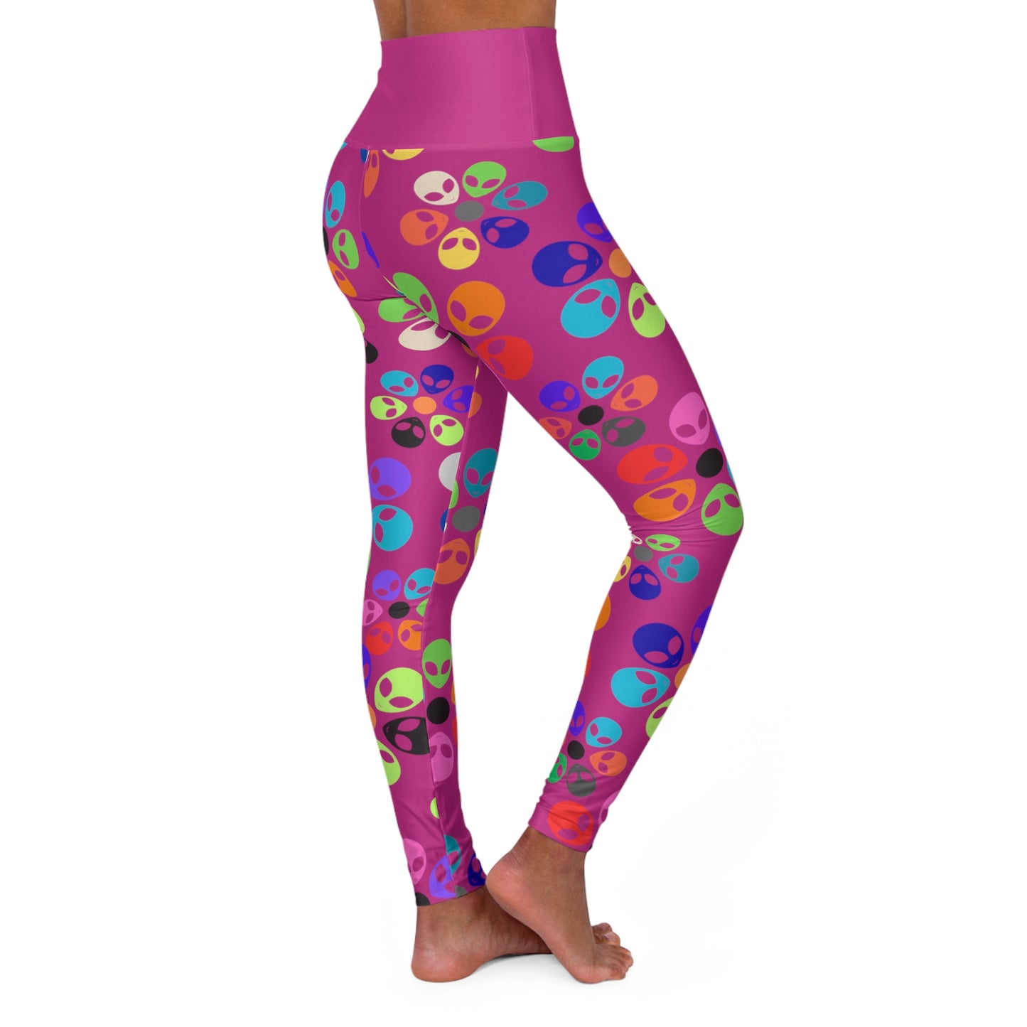 Colorful Alien Print High Waisted Yoga Leggings | Unique Workout Leggings Fitness Apparel Activewear Gifts for Yogis Alien Rainbow Flowers Pink