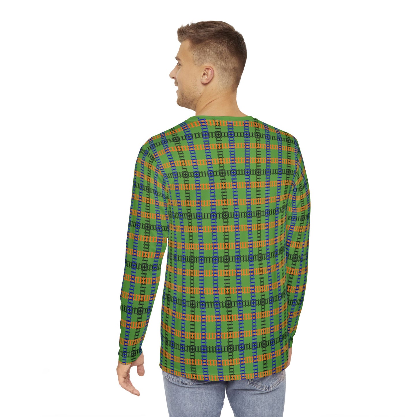 Vibrant Plaid Mens Long Sleeve Shirt Cozy Outfit Casual Wear Stylish Layering Perfect for Fall and Winter Train Tracks Green