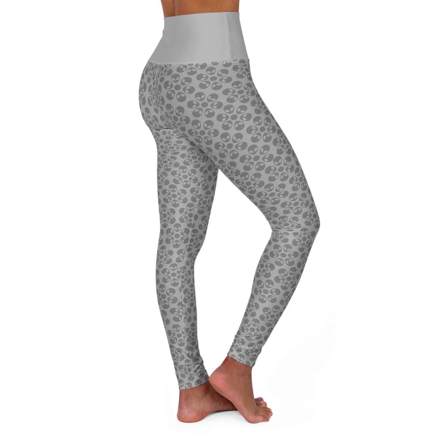 Stylish High Waisted Yoga Leggings Activewear Fitness Leggings Workout Pants Gift for Her Yoga Apparel Alien Flowers Light Grey