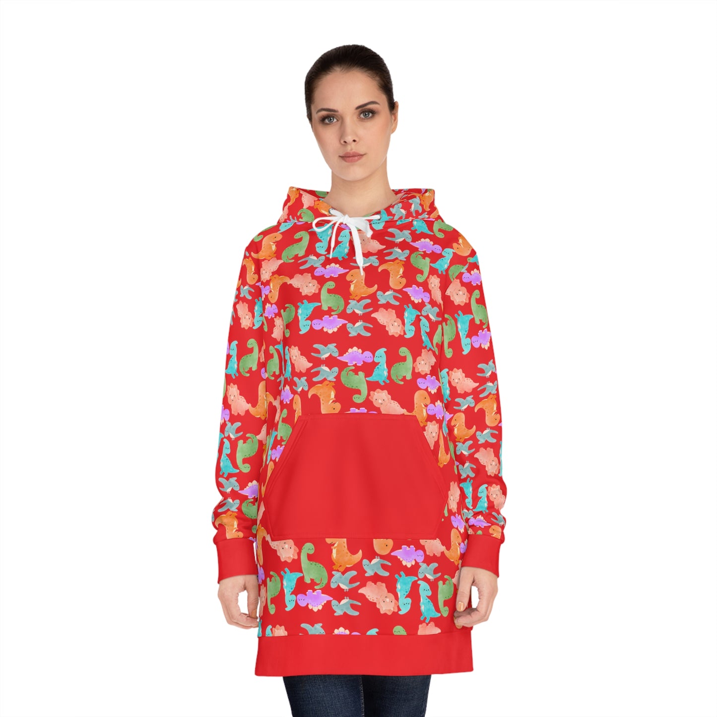 Womens Hoodie Dress Rainbow Dinos Red