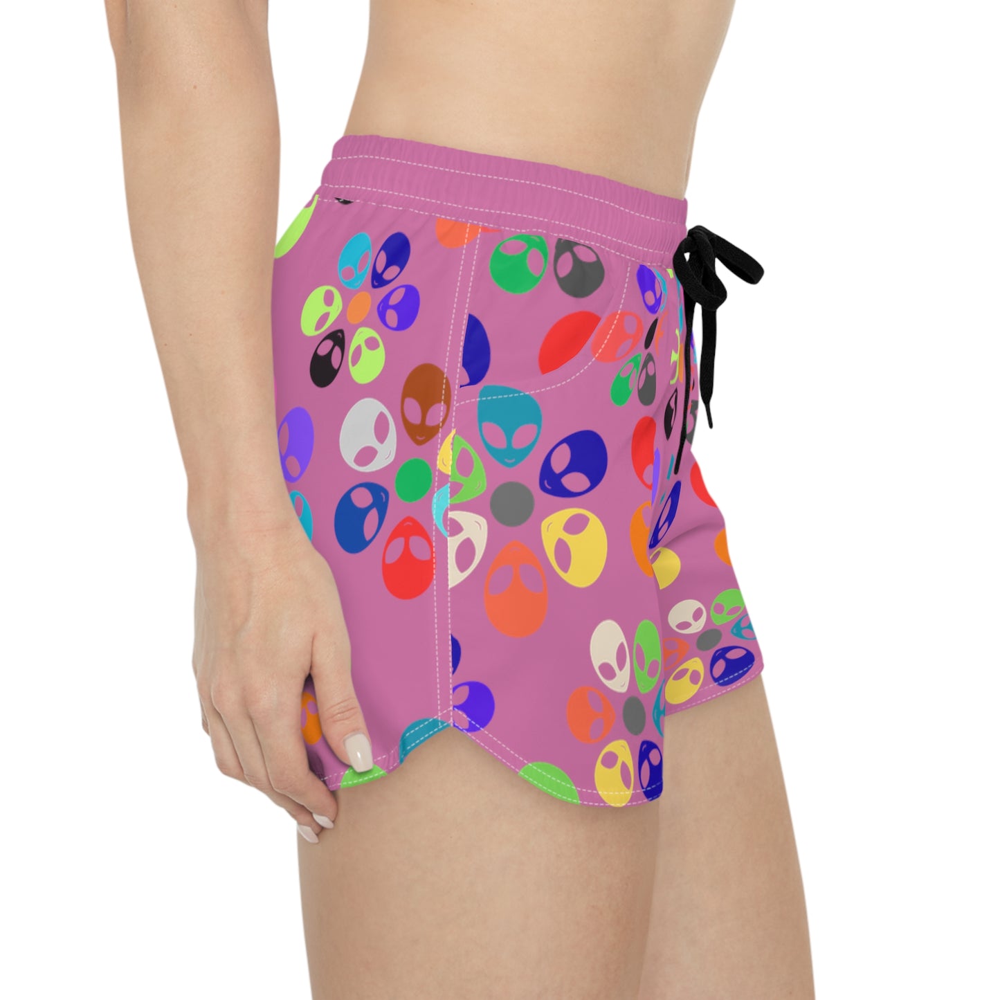 Colorful Alien Print Casual Shorts for Women | Fun Summer Activewear | Festival Fashion Beachwear Vacation Outfit Gift Idea Alien Rainbow Flowers Light Pink