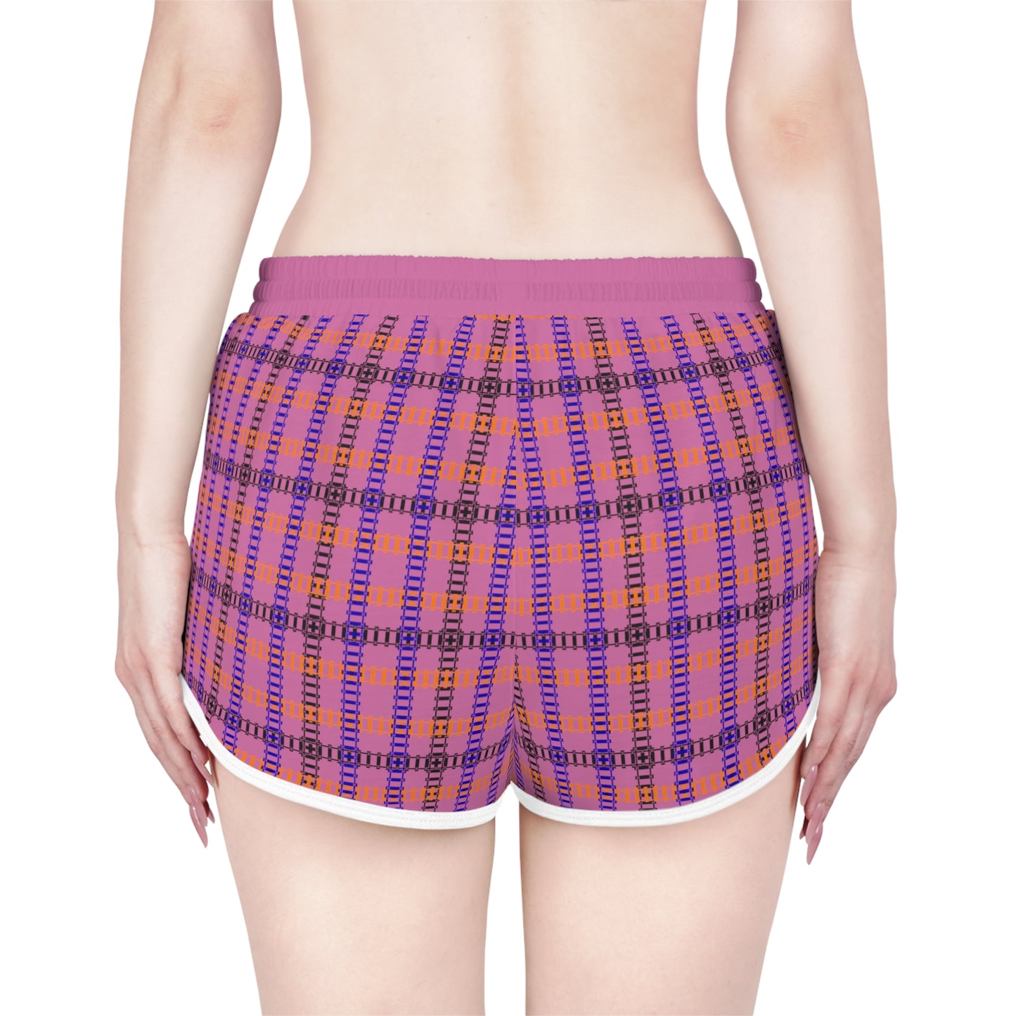Cozy Casual Womens Shorts Perfect for Summer Days Lounging Beach or Sleepwear AOP Plaid Design Train Tracks Light Pink