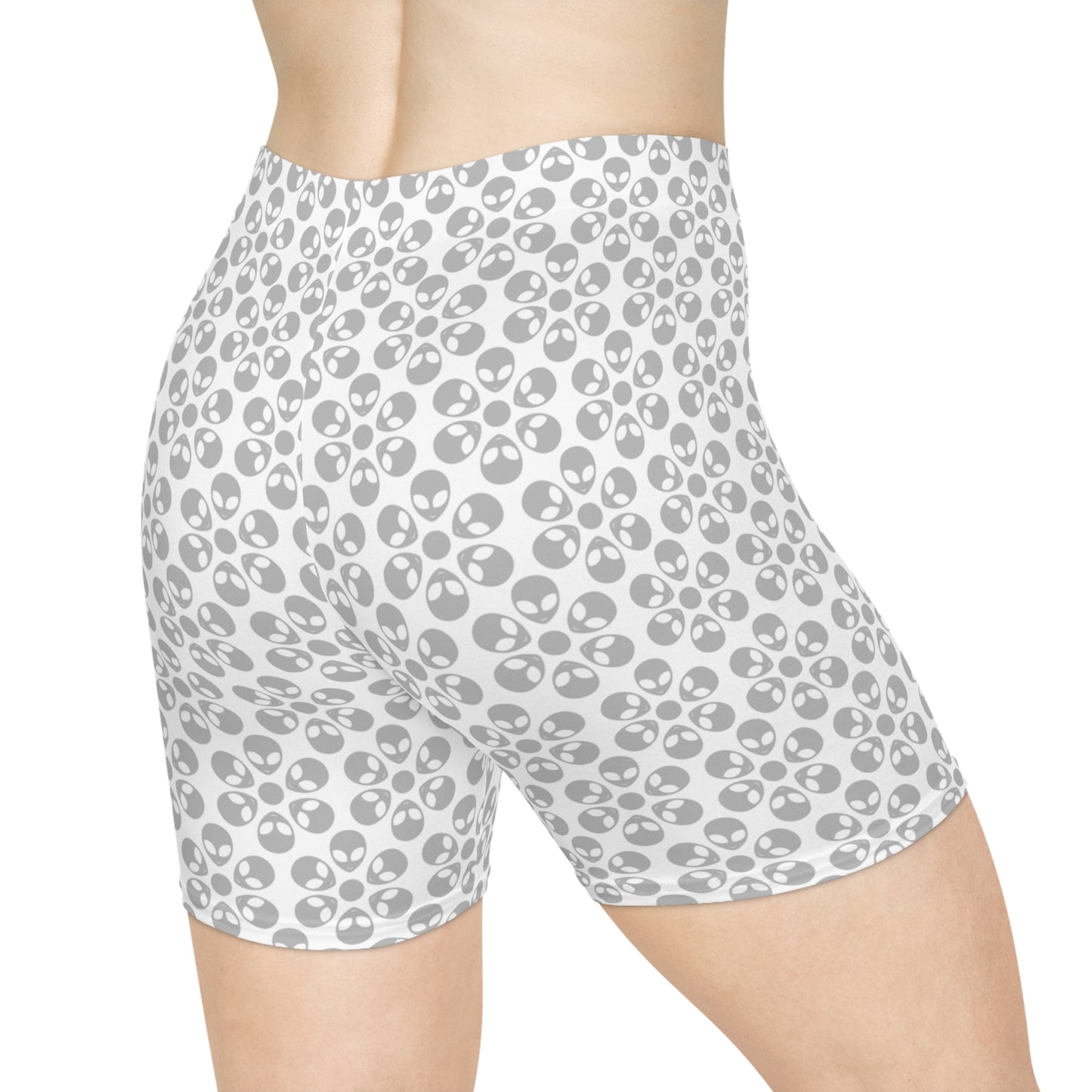Womens Alien Pattern Biker Shorts Trendy Activewear Casual Cycling Shorts Festival Outfit Summer Essentials Alien Flowers White