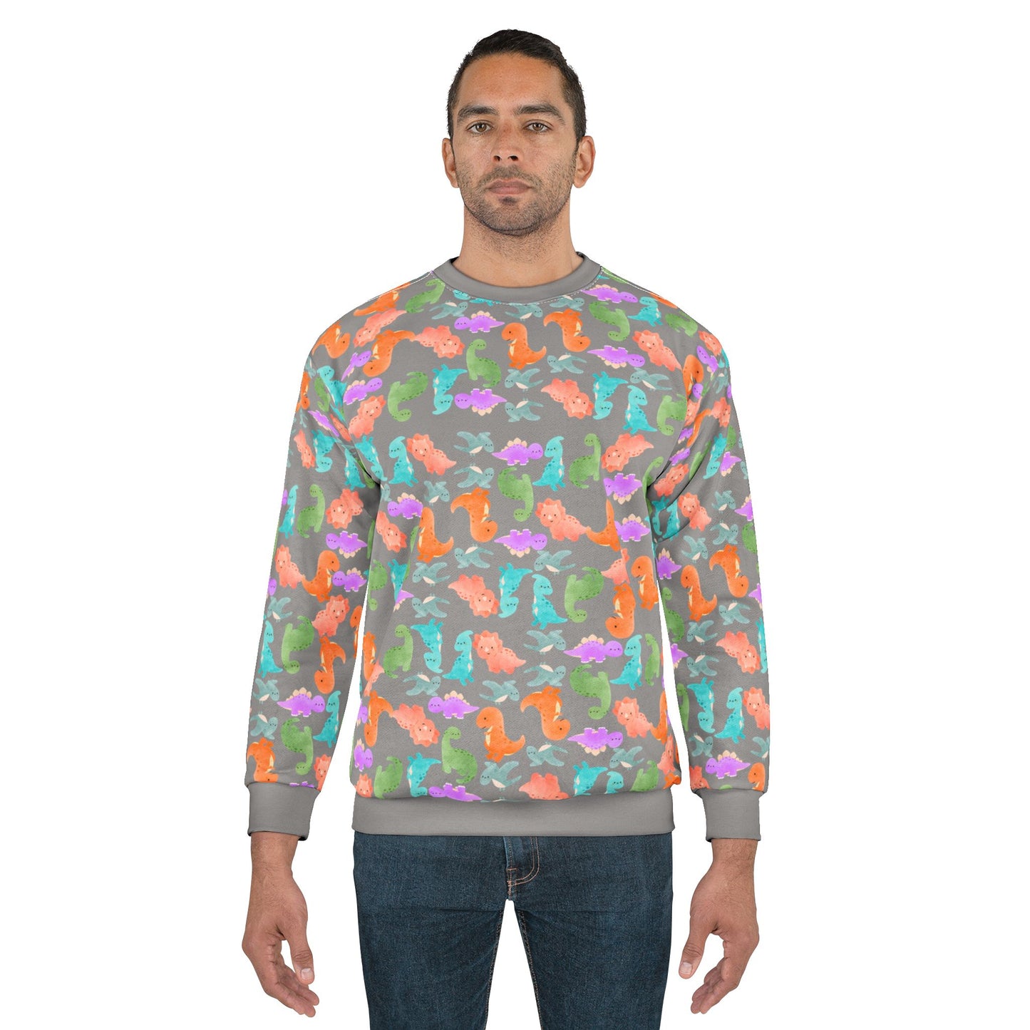 Colorful Dino Unisex Sweatshirt Ocean Vibe Apparel AOP Pullover for Beach Lovers Gift for Sea Life Enthusiasts Casual Cozy Wear Rainbow Dinos Grey