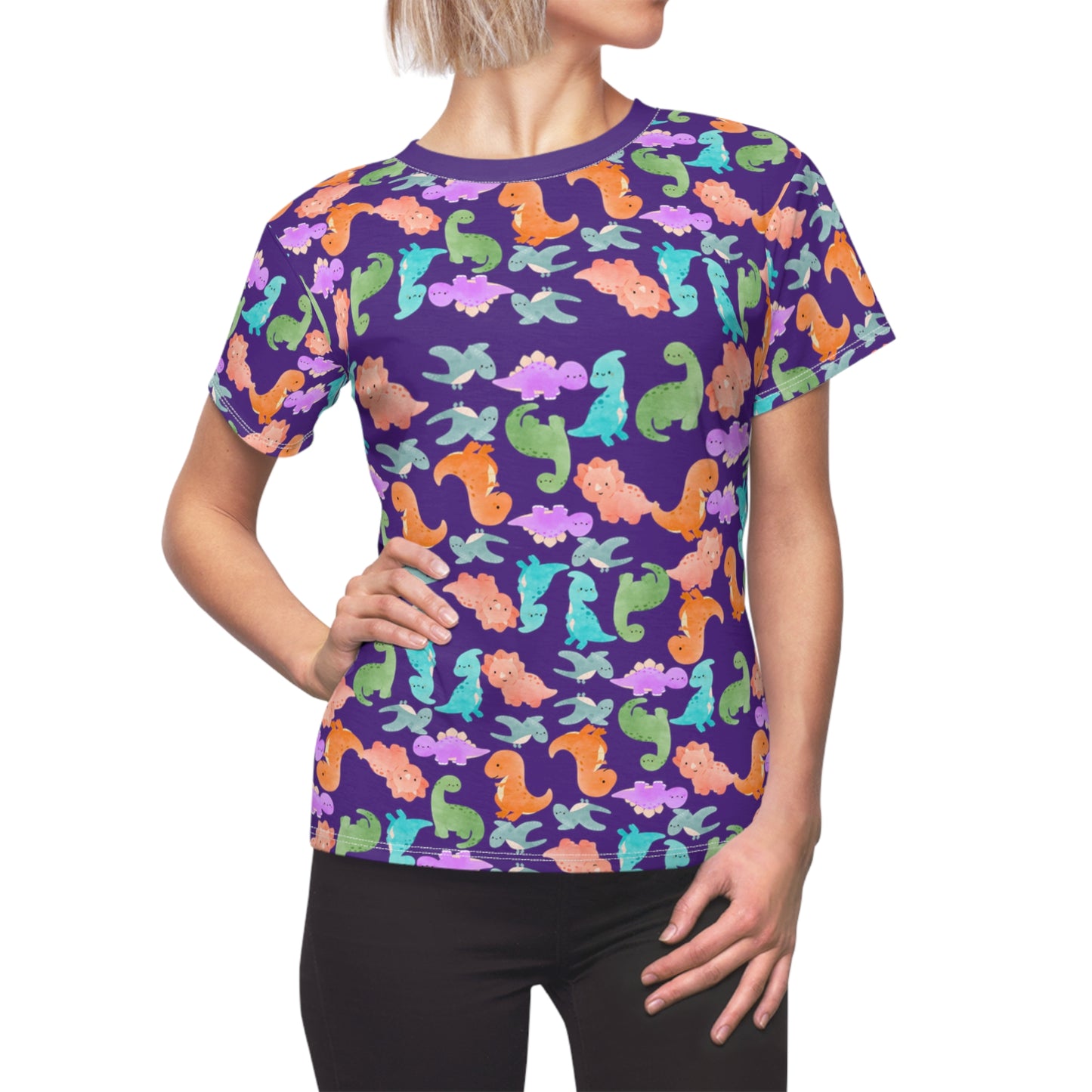 Colorful Dino Womens Tee Cute Summer Top Vibrant Casual Shirt Sea Animal Print Tee Gifts for Ocean Lovers Beachwear Rainbow Dinos Purple