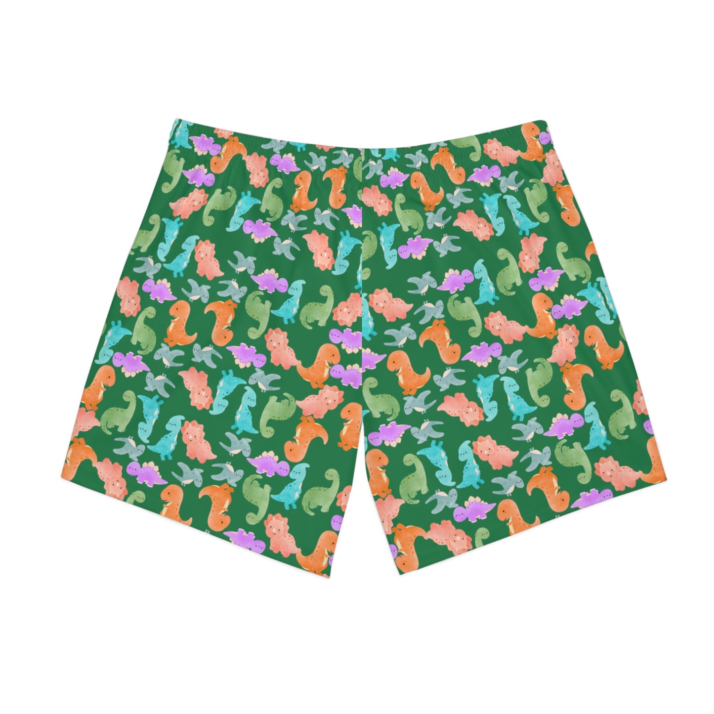 Colorful Dino Beach Shorts for Men Summertime Swimwear Vacation Essentials Pool Party Attire Trendy Summer Apparel Rainbow Dinos Dark Green