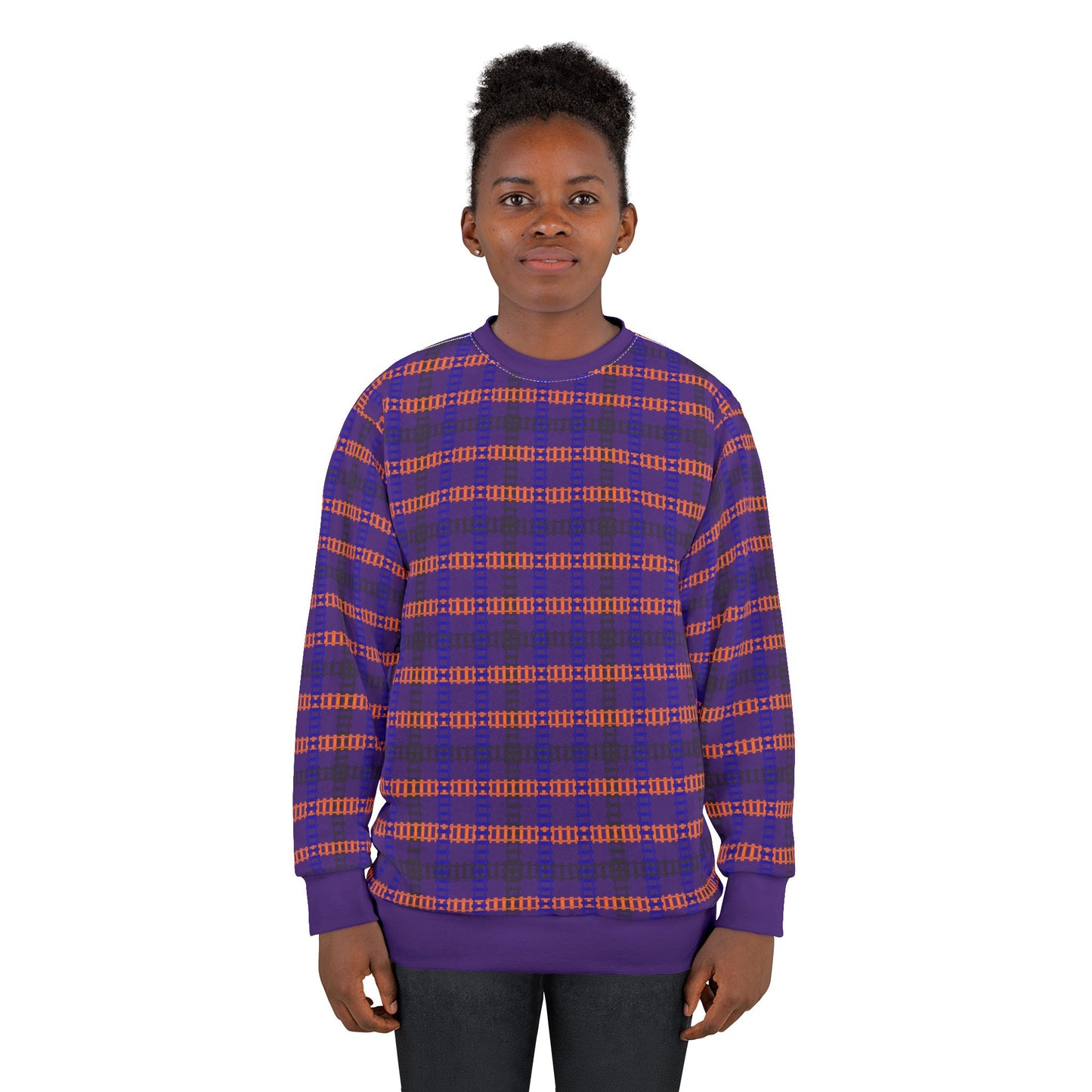Cozy Plaid Unisex Sweatshirt Perfect for Fall Casual Wear Gift for Him/Her Halloween Warm & Stylish Train Tracks Purple