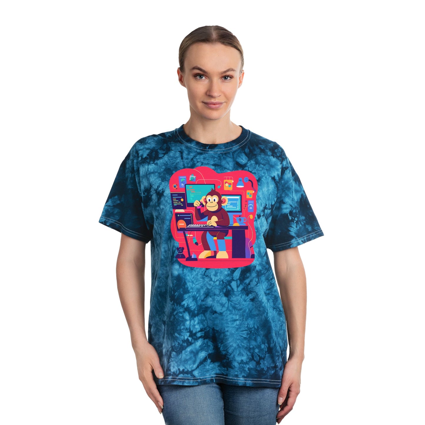 Crystal Tie-Dye Tee with Retro Monkey Design | Casual Streetwear, Gift for Gamers, Fun Summer Style, Unisex Shirt, Relaxed Fit
