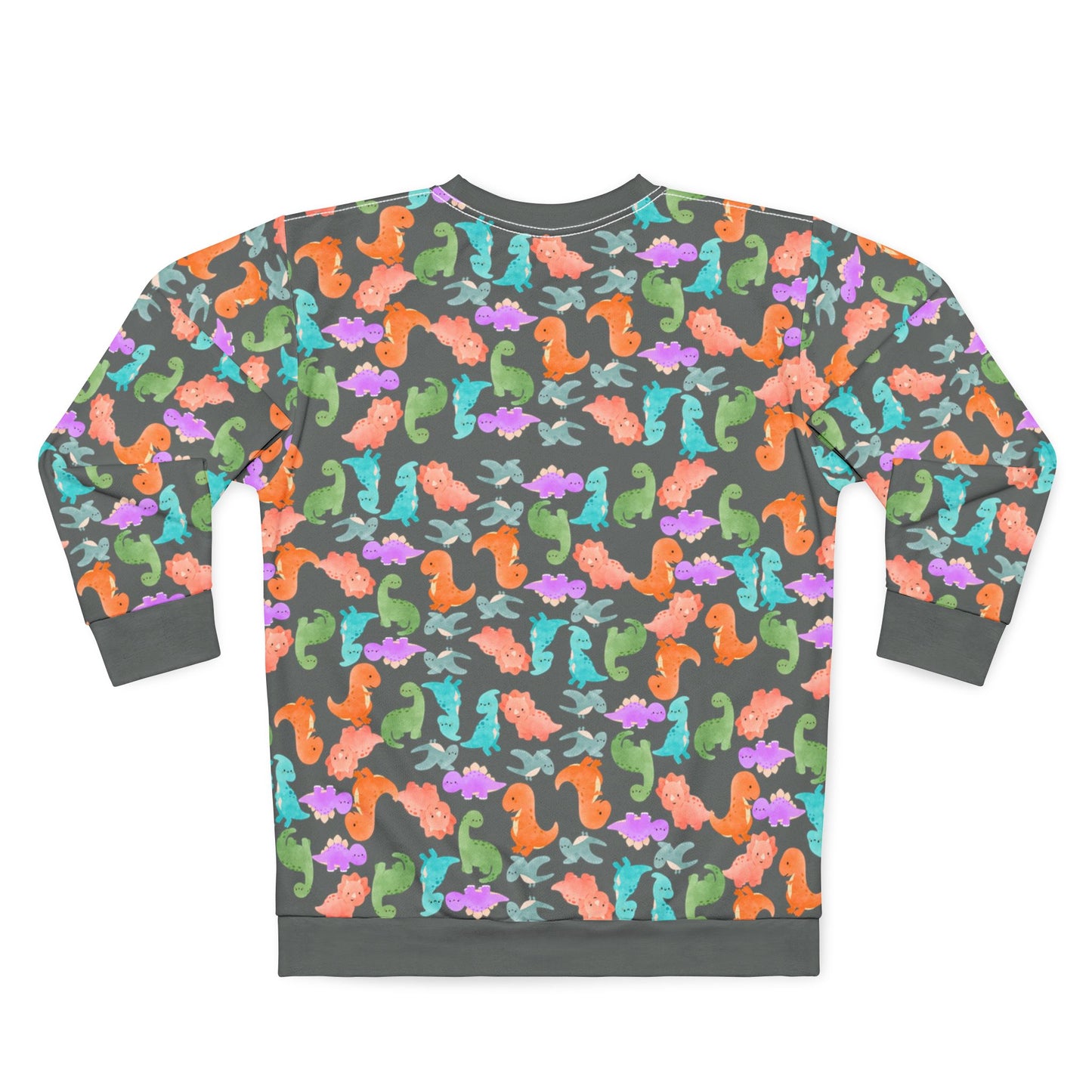 Colorful Dino Unisex Sweatshirt Ocean Vibe Apparel AOP Pullover for Beach Lovers Gift for Sea Life Enthusiasts Casual Cozy Wear Rainbow Dinos Dark Grey