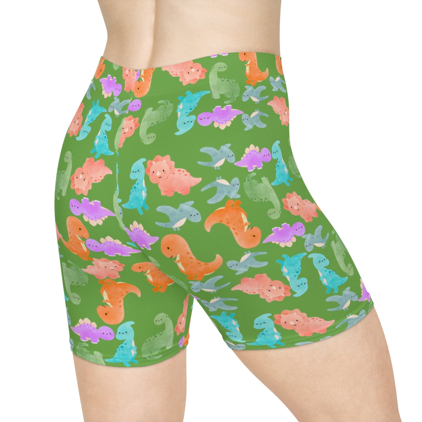 Colorful Dinosaur Womens Biker Shorts  AOP Perfect for Casual Wear workout Summer Birthdays Playdates Unique Gift Rainbow Dinos Green