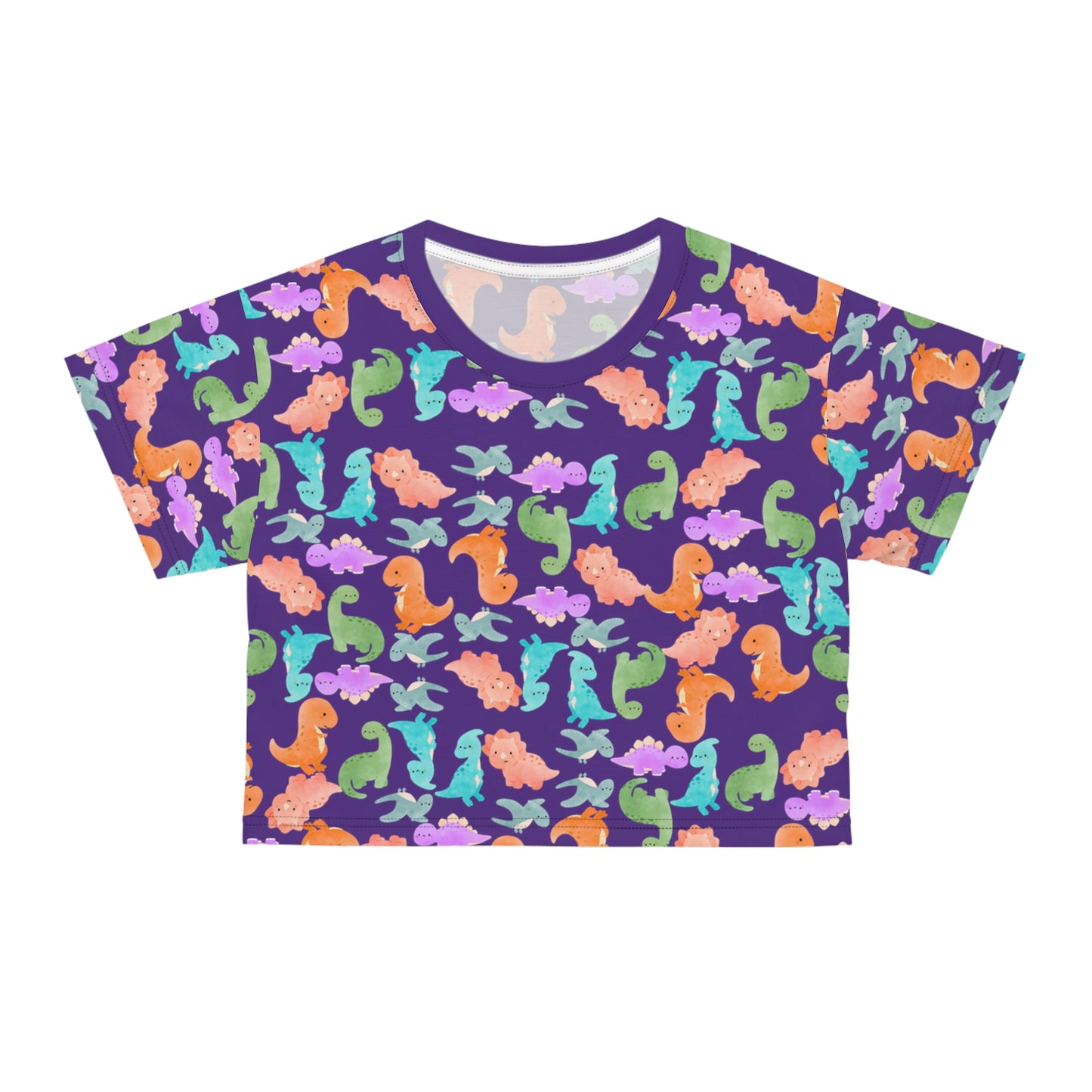 Whimsical Dinosaur Crop Tee for Kids Cheerful Summer Top Fun Gift for Dinosaur Lovers Playful TShirt for Birthdays Trendy Casual Wear Rainbow Dinos Purple