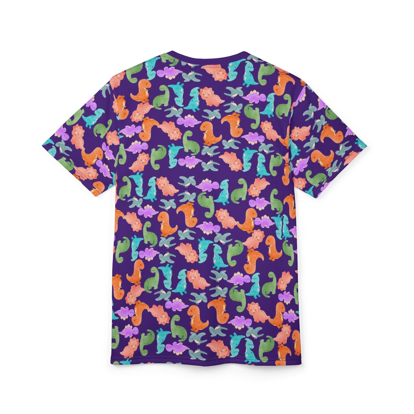 Vibrant Dino Pattern Tee for Ocean Lovers Perfect for Summer Casual Wear Gift for Beach Lovers Tropical Vibe Clothing Rainbow Dinos Purple